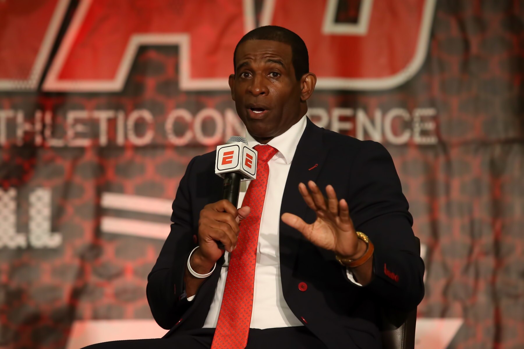 BIRMINGHAM, AL - JULY 21: Jackson State Tigers head coach Deion Sanders during the 2022 SWAC Football Media Day on July 21, 2022 at the Birmingham Sheraton Hotel in Birmingham, Alabama.  (Photo by Michael Wade/Icon Sportswire via Getty Images)