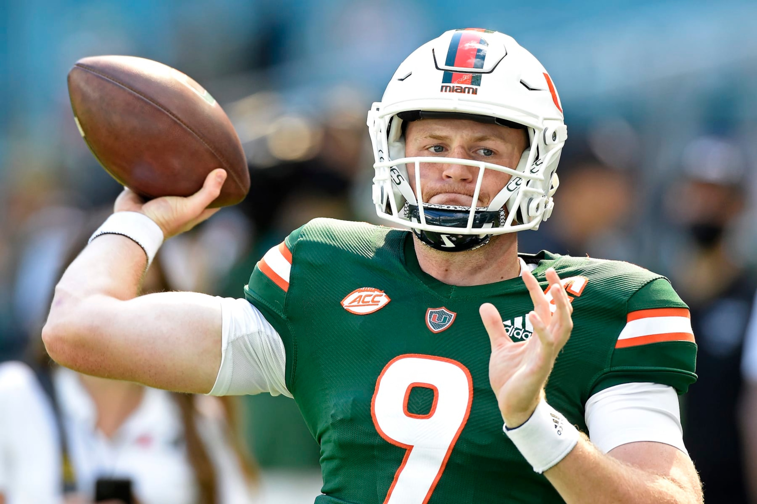 MIAMI GARDENS, FL - NOVEMBER 6: Miami quarterback Tyler Van Dyke (9) runs through drills prior to the game as the University of Miami Hurricanes faced the Georgia Tech Yellow Jackets on November 6, 2021, at Hard Rock Stadium in Miami Gardens, Florida. (Photo by Samuel Lewis/Icon Sportswire via Getty Images) MIAMI GARDENS, FL - NOVEMBER 6: Miami quarterback Tyler Van Dyke (9) runs through drills prior to the game as the University of Miami Hurricanes faced the Georgia Tech Yellow Jackets on November 6, 2021, at Hard Rock Stadium in Miami Gardens, Florida. (Photo by Samuel Lewis/Icon Sportswire via Getty Images)
