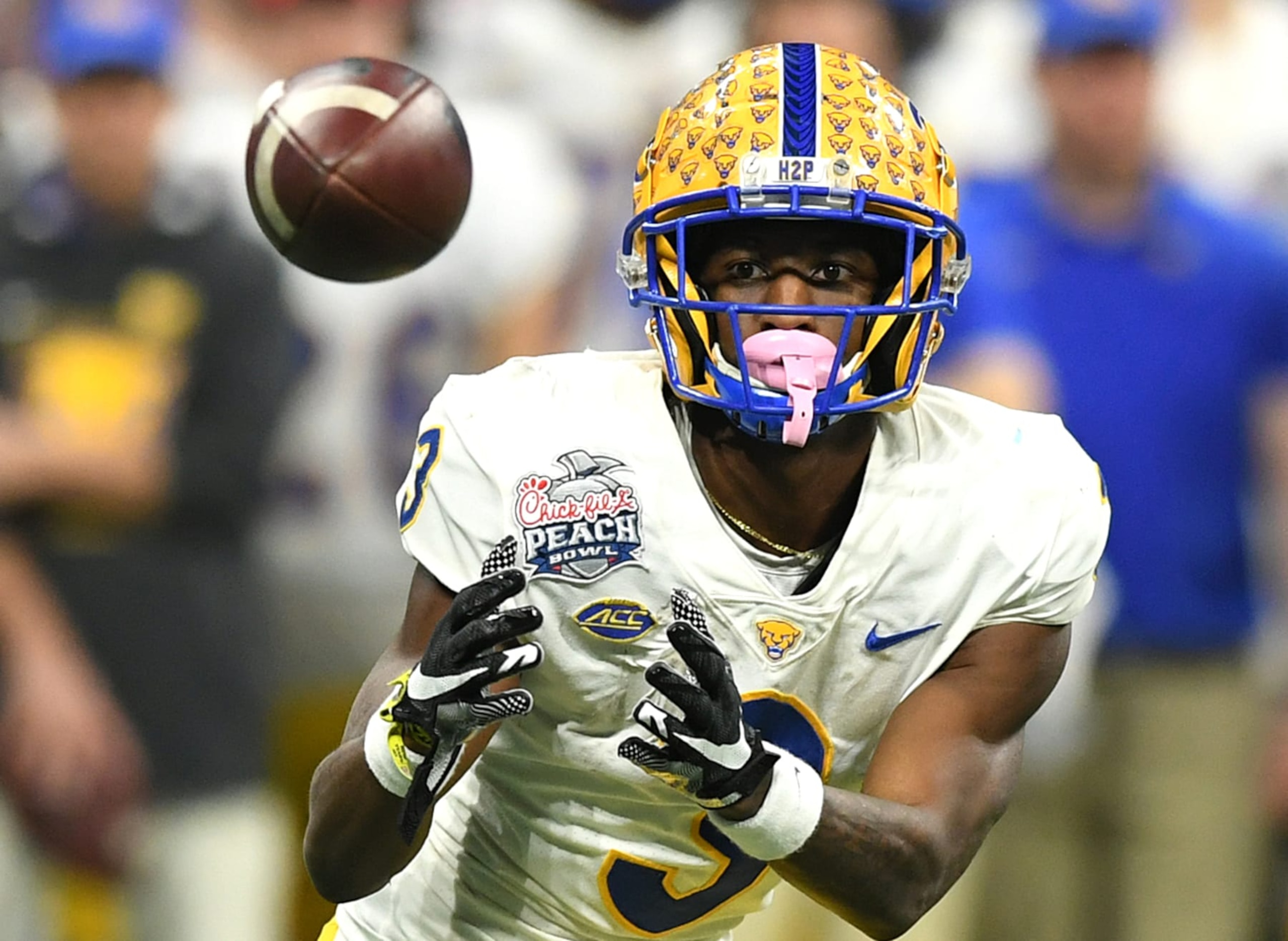 ATLANTA, GEORGIA - DECEMBER 30: Jordan Addison #3 of the Pittsburgh Panthers makes a catch against the Michigan State Spartans at Mercedes-Benz Stadium on December 30, 2021 in Atlanta, Georgia. (Photo by Adam Hagy/Getty Images) ATLANTA, GEORGIA - DECEMBER 30: Jordan Addison #3 of the Pittsburgh Panthers makes a catch against the Michigan State Spartans at Mercedes-Benz Stadium on December 30, 2021 in Atlanta, Georgia. (Photo by Adam Hagy/Getty Images)