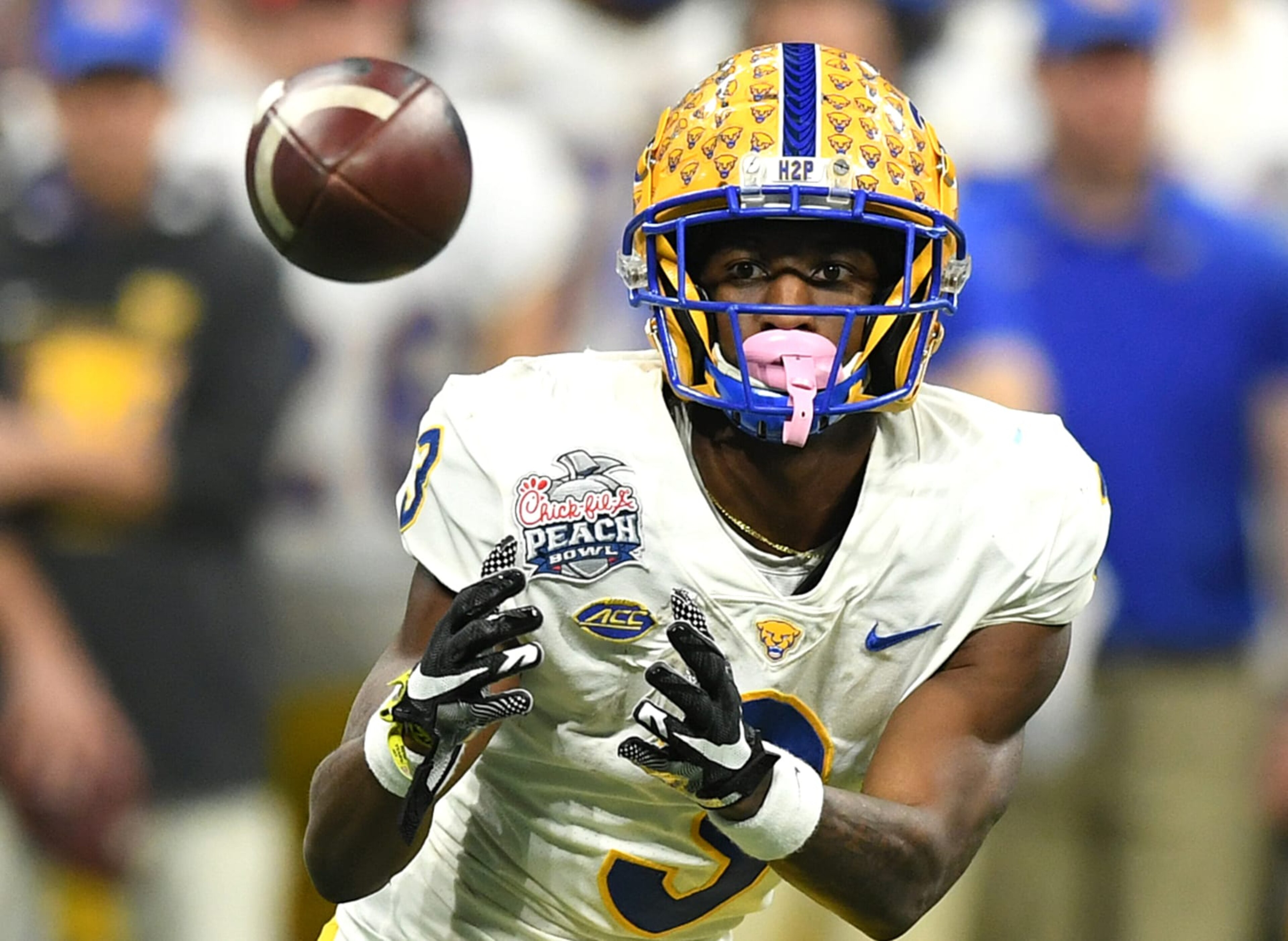 ATLANTA, GEORGIA - DECEMBER 30: Jordan Addison #3 of the Pittsburgh Panthers makes a catch against the Michigan State Spartans at Mercedes-Benz Stadium on December 30, 2021 in Atlanta, Georgia. (Photo by Adam Hagy/Getty Images)