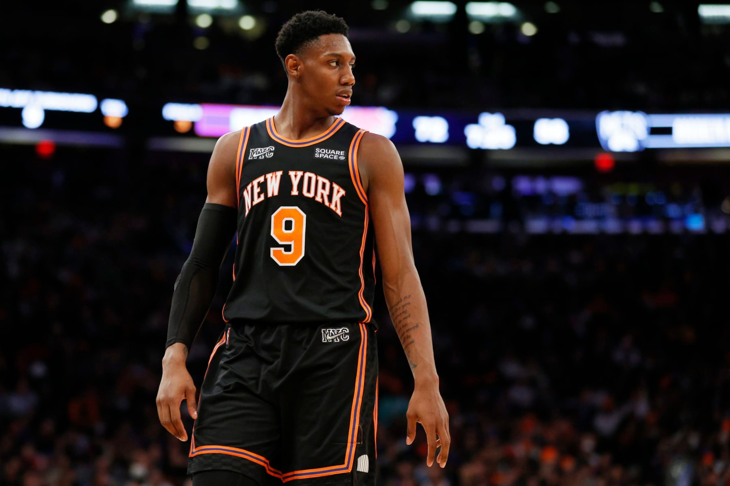 NEW YORK, NEW YORK - APRIL 06: RJ Barrett #9 of the New York Knicks looks on during the second half against the Brooklyn Nets at Madison Square Garden on April 06, 2022 in New York City. The Nets won 110-98. NOTE TO USER: User expressly acknowledges and agrees that, by downloading and or using this photograph, User is consenting to the terms and conditions of the Getty Images License Agreement.  (Photo by Sarah Stier/Getty Images)