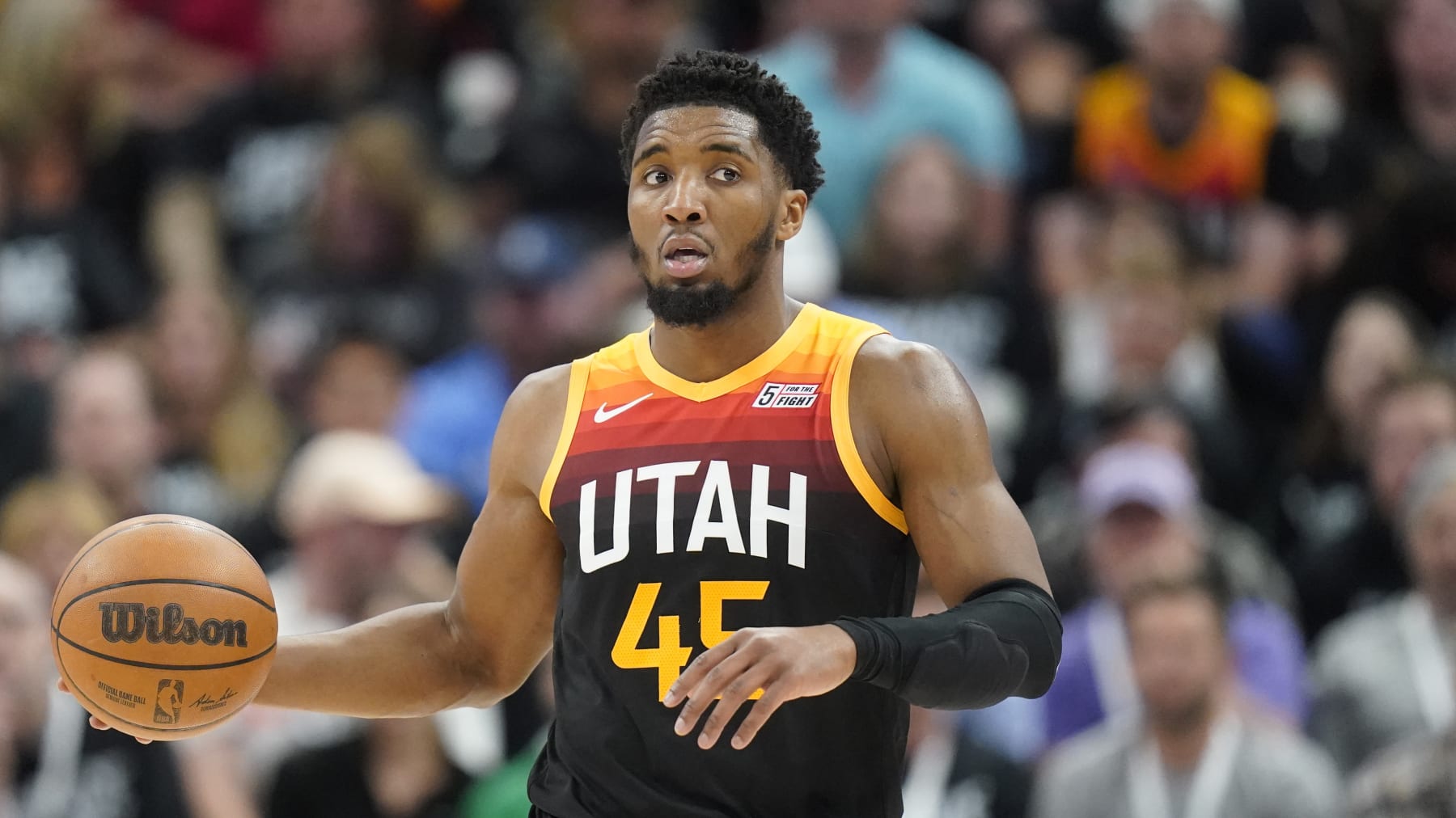 Utah Jazz guard Donovan Mitchell (45) brings the ball up court in the second half of Game 6 of an NBA basketball first-round playoff series against the Dallas Mavericks Thursday, April 28, 2022, in Salt Lake City. (AP Photo/Rick Bowmer)
