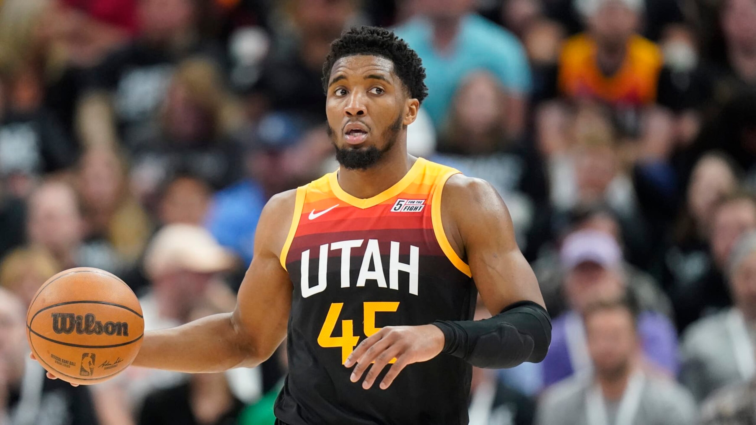 Utah Jazz guard Donovan Mitchell (45) brings the ball up court in the second half of Game 6 of an NBA basketball first-round playoff series against the Dallas Mavericks Thursday, April 28, 2022, in Salt Lake City. (AP Photo/Rick Bowmer)