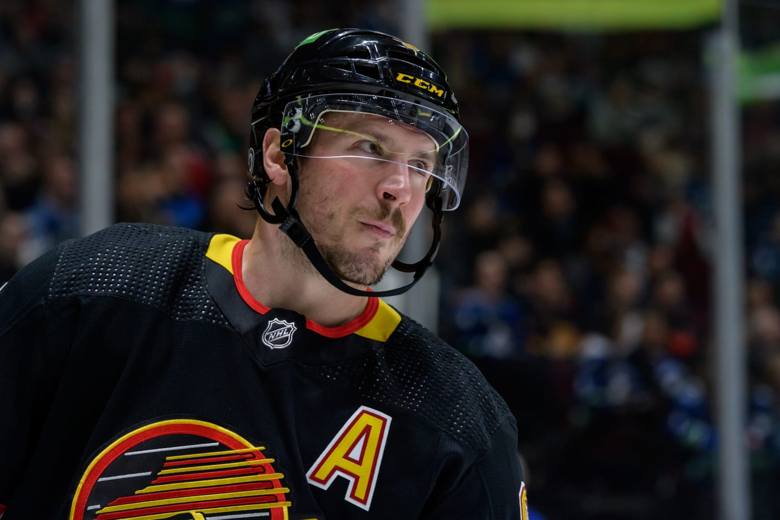 VANCOUVER, BC - APRIL 26: Vancouver Canucks center J.T. Miller (9) looks up ice during their NHL game against the Seattle Kraken at Rogers Arena on April 26, 2022 in Vancouver, British Columbia, Canada. (Photo by Derek Cain/Icon Sportswire via Getty Images)