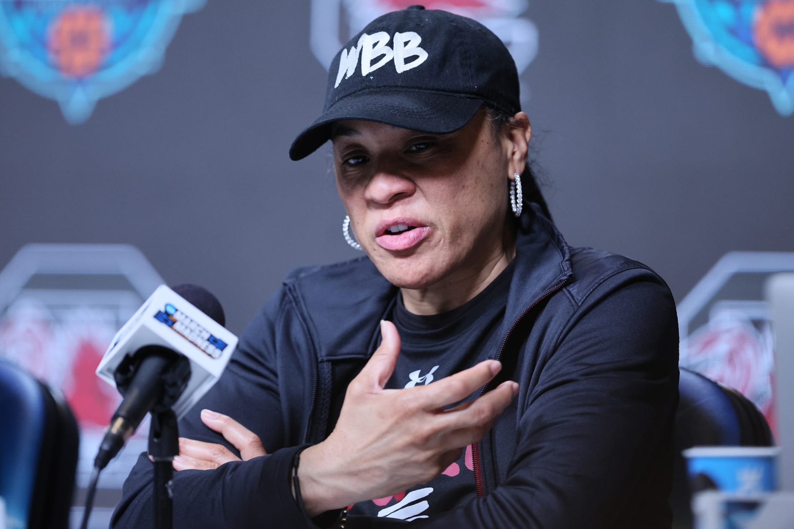 MINNEAPOLIS, MINNESOTA - MARCH 31: Head coach Dawn Staley of the South Carolina Gamecocks speaks to reporters following a practice session with the team at Target Center on March 31, 2022 in Minneapolis, Minnesota. The South Carolina Gamecocks will play the Louisville Cardinals on April 1, 2022. (Photo by Andy Lyons/Getty Images)