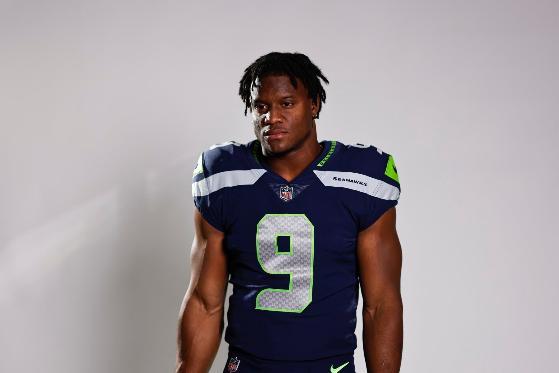 LOS ANGELES, CALIFORNIA - MAY 21: Kenneth Walker III #9 of the Seattle Seahawks poses for a portrait during the NFLPA Rookie Premiere on May 21, 2022 in Los Angeles, California (Photo by Michael Owens/Getty Images)