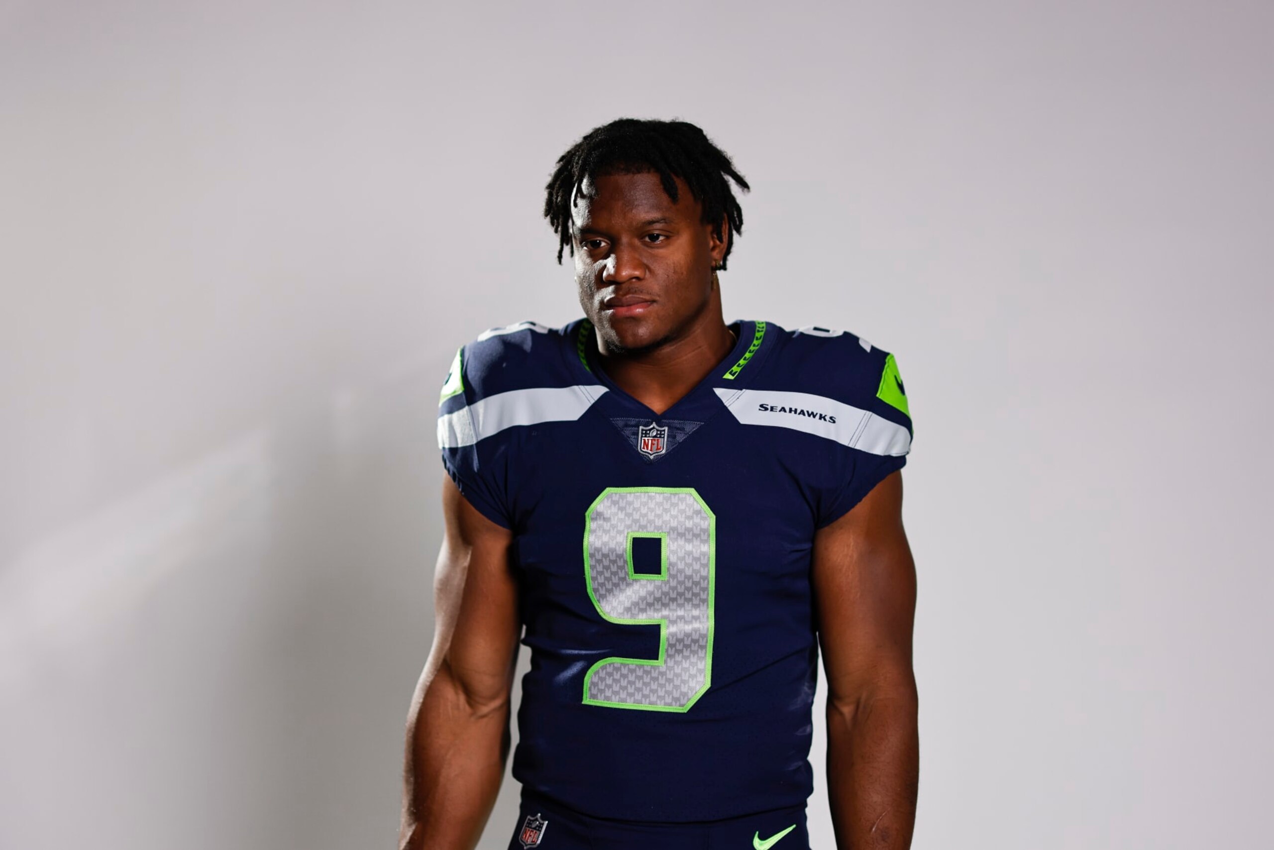 LOS ANGELES, CALIFORNIA - MAY 21: Kenneth Walker III #9 of the Seattle Seahawks poses for a portrait during the NFLPA Rookie Premiere on May 21, 2022 in Los Angeles, California (Photo by Michael Owens/Getty Images)