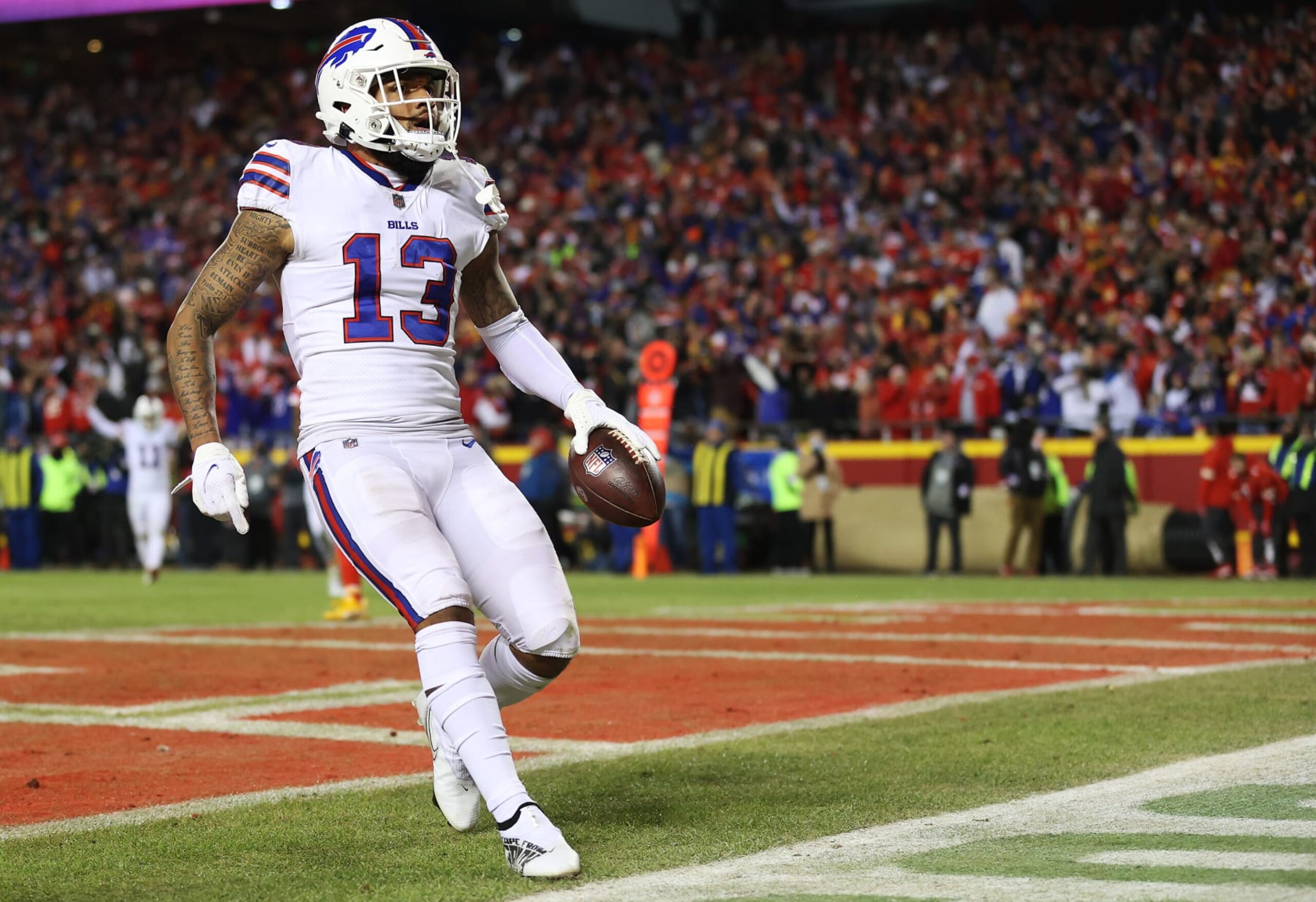 KANSAS CITY, MISSOURI - JANUARY 23: Gabriel Davis #13 of the Buffalo Bills celebrates after scoring a 75 yard touchdown against the Kansas City Chiefs during the fourth quarter in the AFC Divisional Playoff game at Arrowhead Stadium on January 23, 2022 in Kansas City, Missouri. (Photo by Jamie Squire/Getty Images)