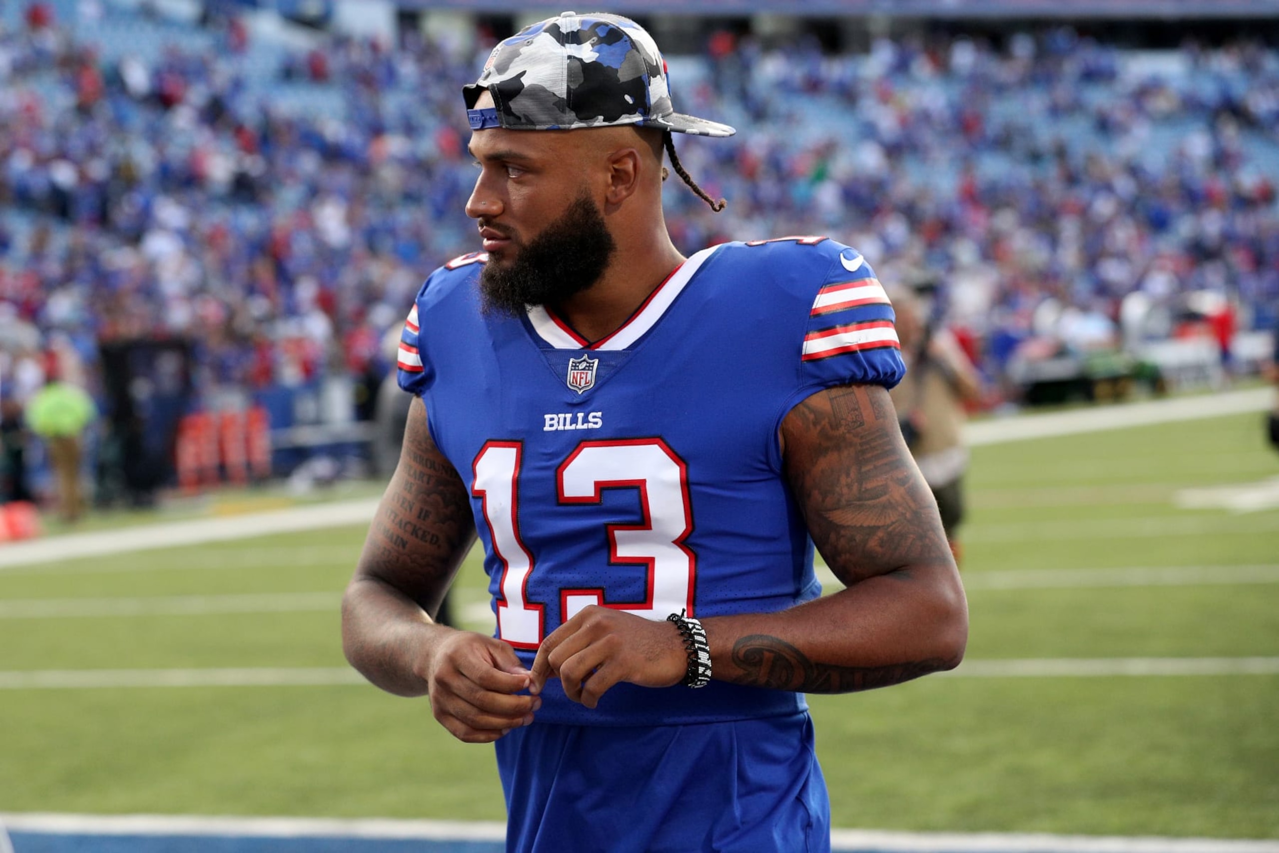 ORCHARD PARK, NEW YORK - AUGUST 13: Gabriel Davis #13 of the Buffalo Bills walks off the field after a preseason game against the Indianapolis Colts at Highmark Stadium on August 13, 2022 in Orchard Park, New York. (Photo by Bryan Bennett/Getty Images)