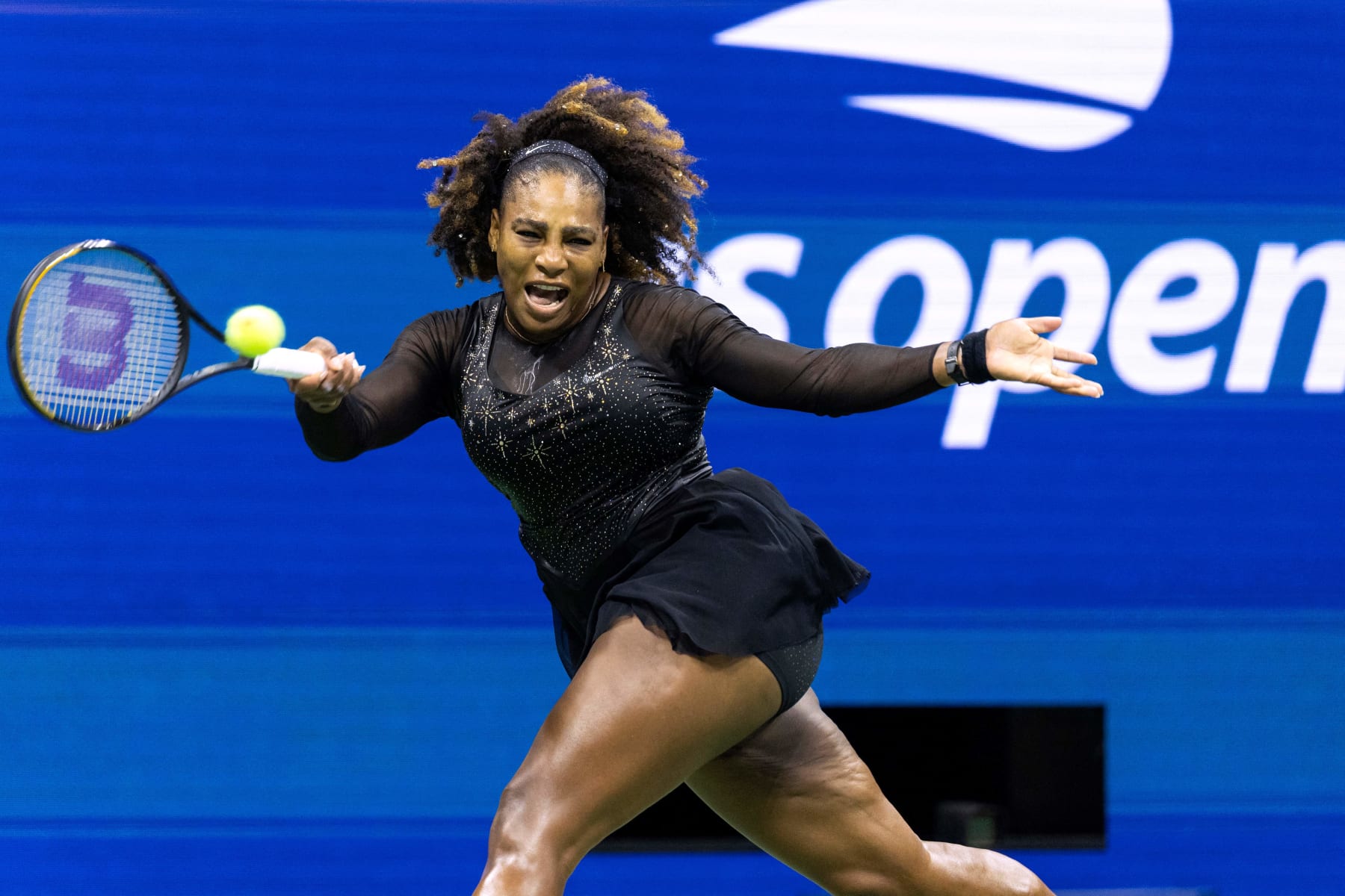 USA's Serena Williams hits a return to Australia's Ajla Tomljanovic during their 2022 US Open Tennis tournament women's singles third round match at the USTA Billie Jean King National Tennis Center in New York, on September 2, 2022. (Photo by COREY SIPKIN / AFP) (Photo by COREY SIPKIN/AFP via Getty Images)