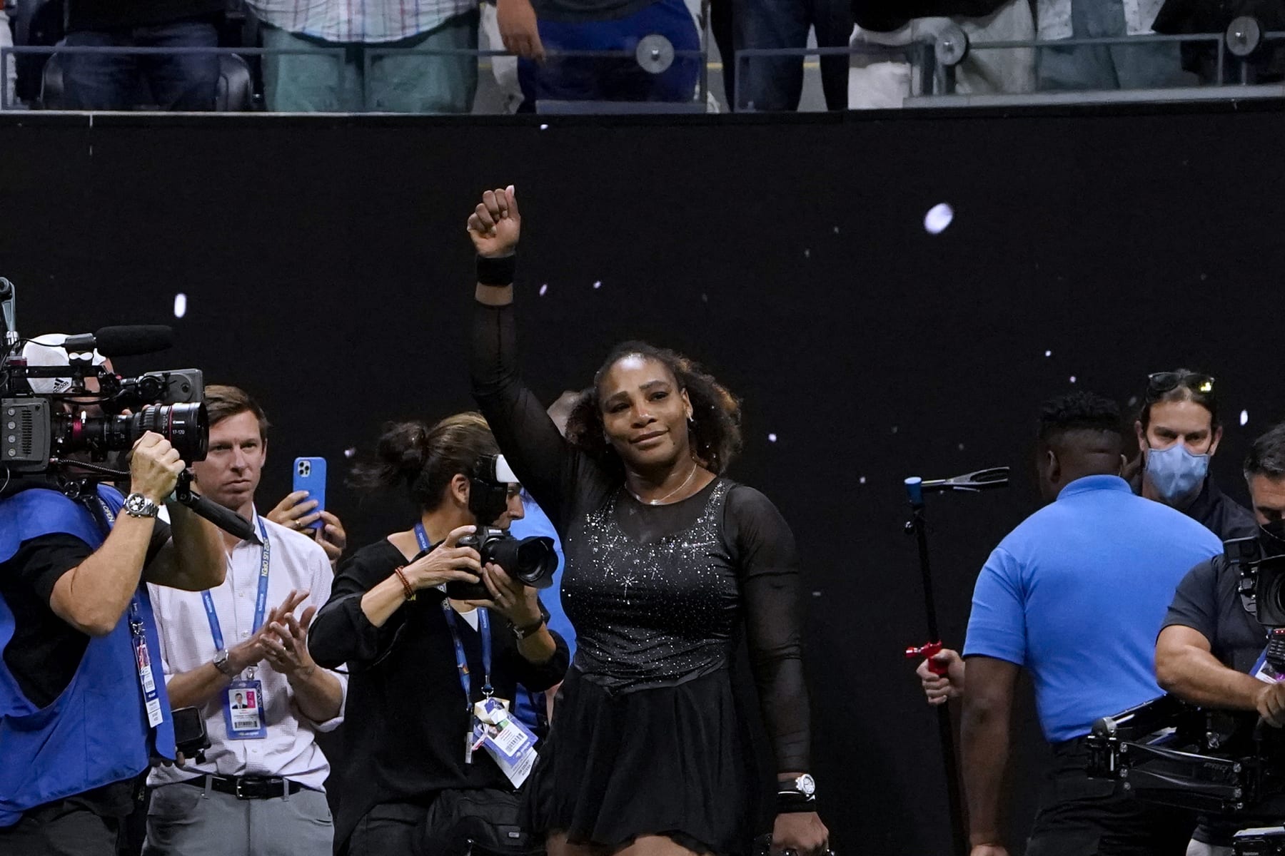 USA's Serena Williams waves to the audience after losing against Australia's Ajla Tomljanovic during their 2022 US Open Tennis tournament women's singles third round match at the USTA Billie Jean King National Tennis Center in New York, on September 2, 2022. (Photo by TIMOTHY A. CLARY / AFP) (Photo by TIMOTHY A. CLARY/AFP via Getty Images)