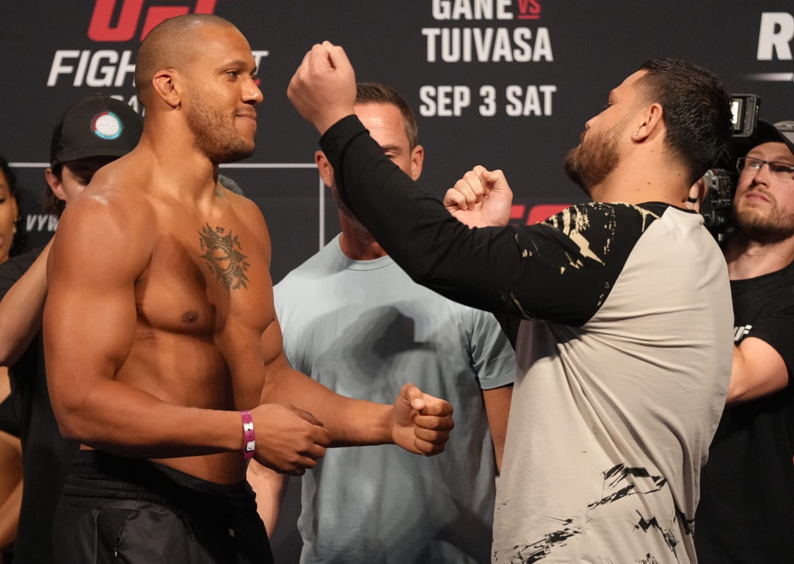 PARIS, FRANCE - SEPTEMBER 02: (L-R) Opponents Ciryl Gane of France and Tai Tuivasa of Australia face off during the UFC Fight Night ceremonial weigh-in at The Accor Arena on September 02, 2022 in Paris, France. (Photo by Jeff Bottari/Zuffa LLC) PARIS, FRANCE - SEPTEMBER 02: (L-R) Opponents Ciryl Gane of France and Tai Tuivasa of Australia face off during the UFC Fight Night ceremonial weigh-in at The Accor Arena on September 02, 2022 in Paris, France. (Photo by Jeff Bottari/Zuffa LLC)