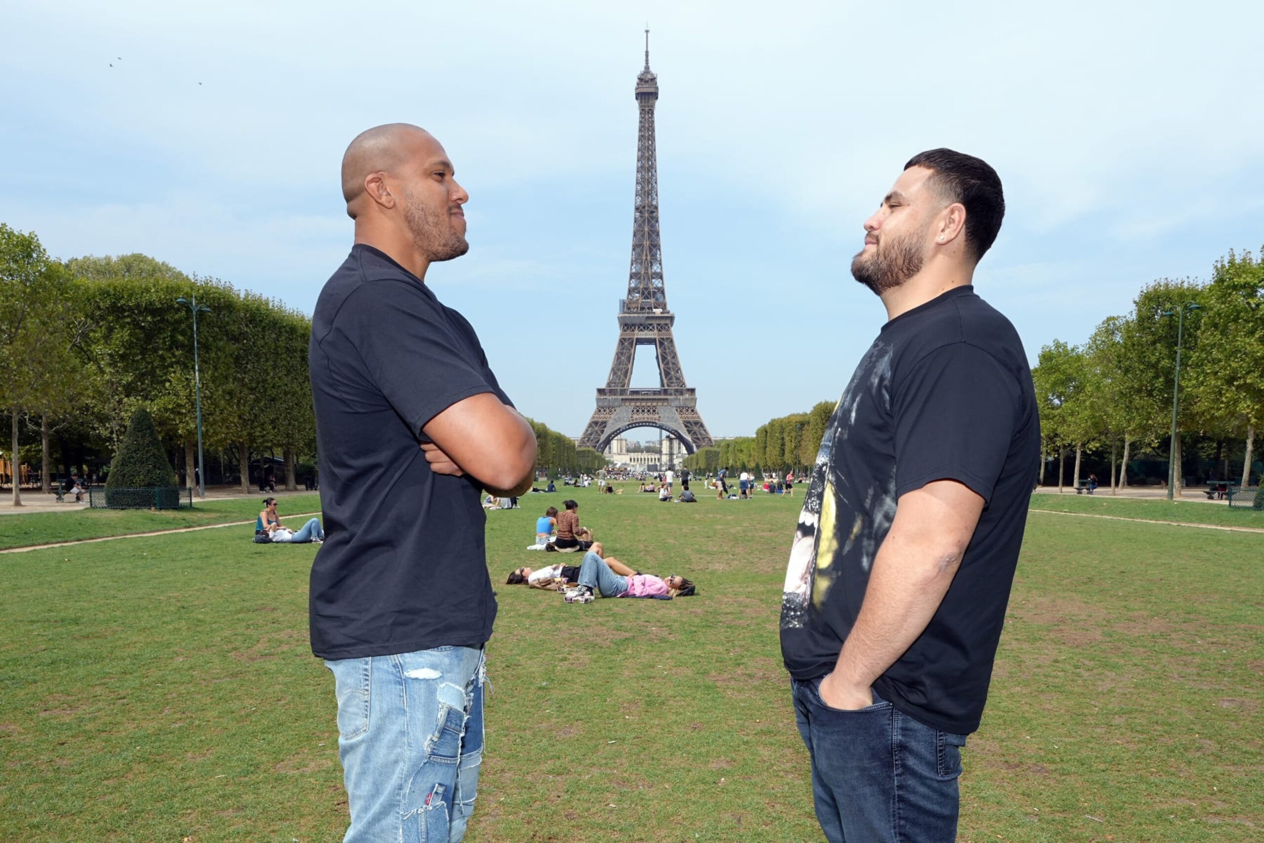 PARIS, FRANCE - AUGUST 30: (L-R) Ciryl Gane of France and Tai Tuivasa of Australia face off during a UFC photo session at Champ de Mars on August 30, 2022 in Paris, France. (Photo by Jeff Bottari/Zuffa LLC) PARIS, FRANCE - AUGUST 30: (L-R) Ciryl Gane of France and Tai Tuivasa of Australia face off during a UFC photo session at Champ de Mars on August 30, 2022 in Paris, France. (Photo by Jeff Bottari/Zuffa LLC)