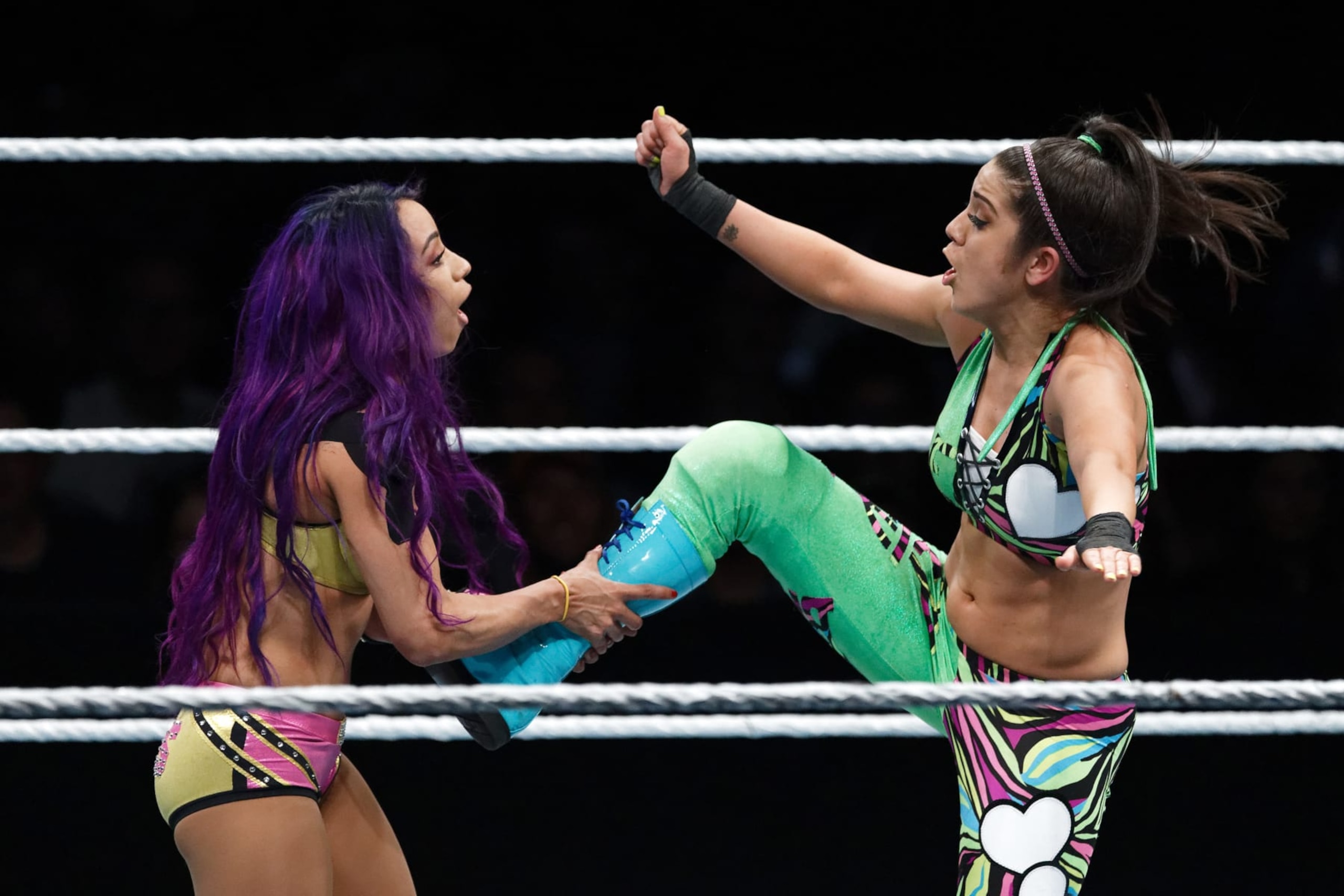 PARIS, FRANCE - MAY 19:  Sasha Banks (L) in action vs Bayley during WWE Live AccorHotels Arena Popb Paris Bercy on May 19, 2018 in Paris, France.  (Photo by Sylvain Lefevre/Getty Images)
