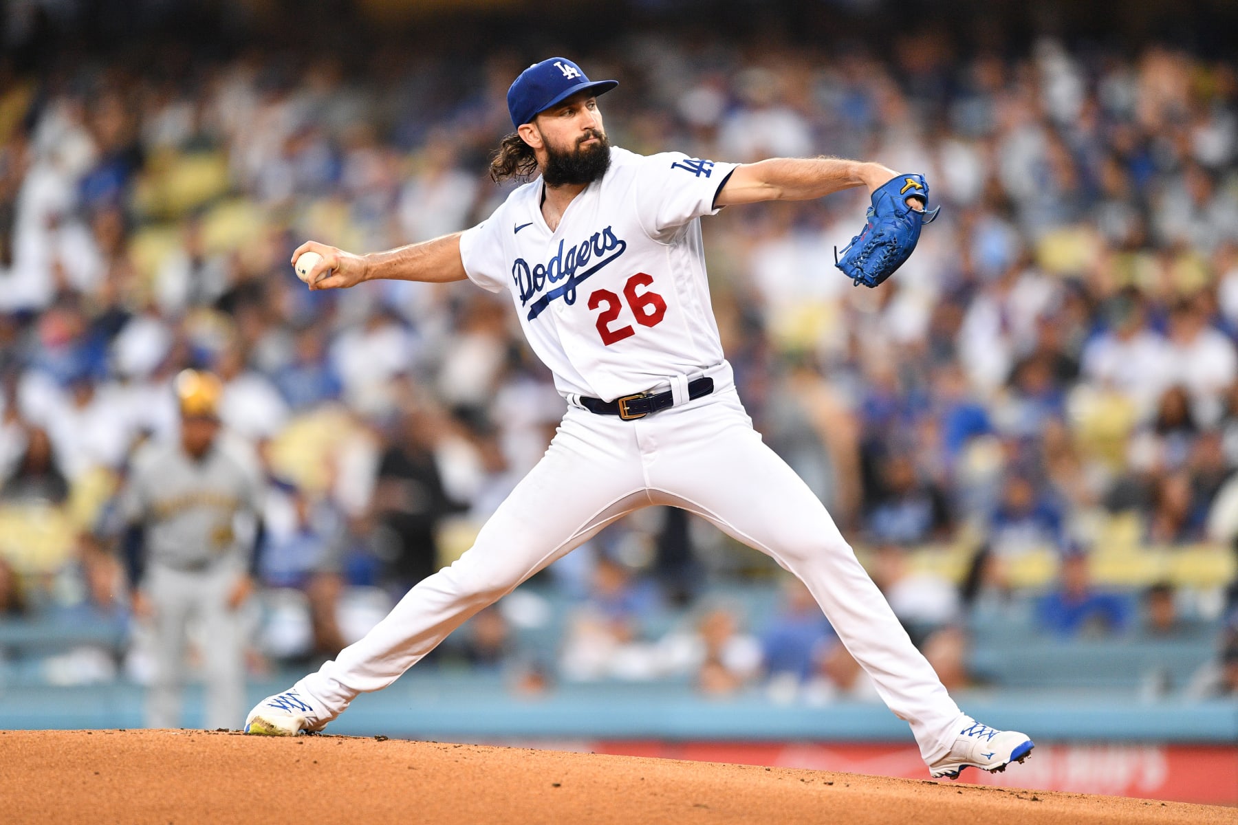 LOS ANGELES, CA - AUGUST 23: Los Angeles Dodgers pitcher Tony Gonsolin (26) throws a pitch during the MLB game between the Milwaukee Brewers and the Los Angeles Dodgers on August 23, 2022 at Dodger Stadium in Los Angeles, CA. (Photo by Brian Rothmuller/Icon Sportswire via Getty Images)