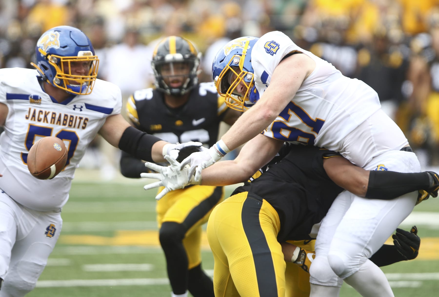 IOWA CITY, IOWA - SEPTEMBER 03:  Linebacker Jestin Jacobs #2 of the Iowa Hawkeyes breaks up a pass during the first half intended for tight end Zach Heins #87 of the South Dakota State Jackrabbits at Kinnick Stadium on September 03, 2022 in Iowa City, Iowa.  (Photo by Matthew Holst/Getty Images)