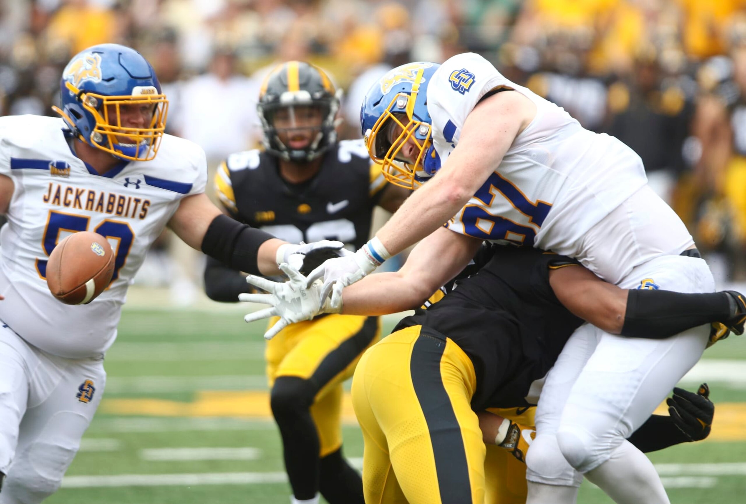 IOWA CITY, IOWA - SEPTEMBER 03:  Linebacker Jestin Jacobs #2 of the Iowa Hawkeyes breaks up a pass during the first half intended for tight end Zach Heins #87 of the South Dakota State Jackrabbits at Kinnick Stadium on September 03, 2022 in Iowa City, Iowa.  (Photo by Matthew Holst/Getty Images)