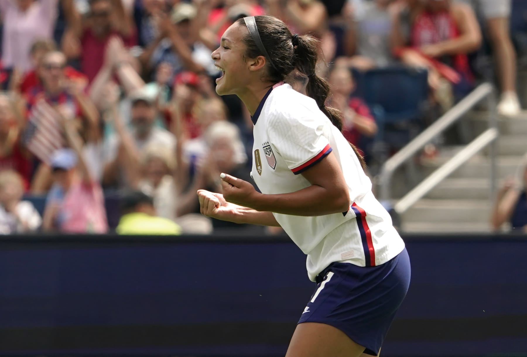 KANSAS CITY, KS - SEPTEMBER 03:  Sophia Smith #11 of United States celebrates her goal past Osinachi Ohale #3 in the first half of the international friendly match against Nigeria at Children's Mercy Park on September 3, 2022 in Kansas City, Kansas. (Photo by Ed Zurga/Getty Images)