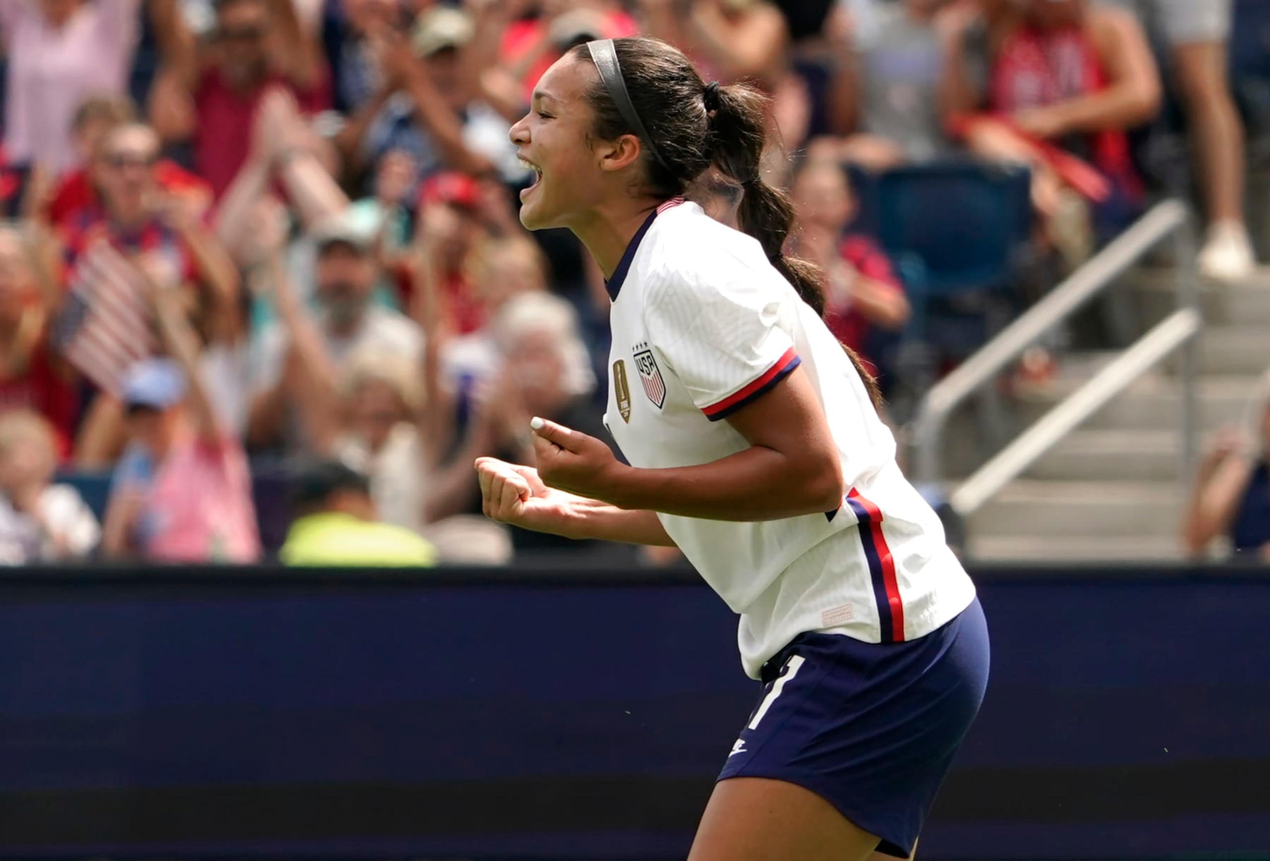 KANSAS CITY, KS - SEPTEMBER 03: Sophia Smith #11 of United States celebrates her goal past Osinachi Ohale #3 in the first half of the international friendly match against Nigeria at Children's Mercy Park on September 3, 2022 in Kansas City, Kansas. (Photo by Ed Zurga/Getty Images) KANSAS CITY, KS - SEPTEMBER 03: Sophia Smith #11 of United States celebrates her goal past Osinachi Ohale #3 in the first half of the international friendly match against Nigeria at Children's Mercy Park on September 3, 2022 in Kansas City, Kansas. (Photo by Ed Zurga/Getty Images)