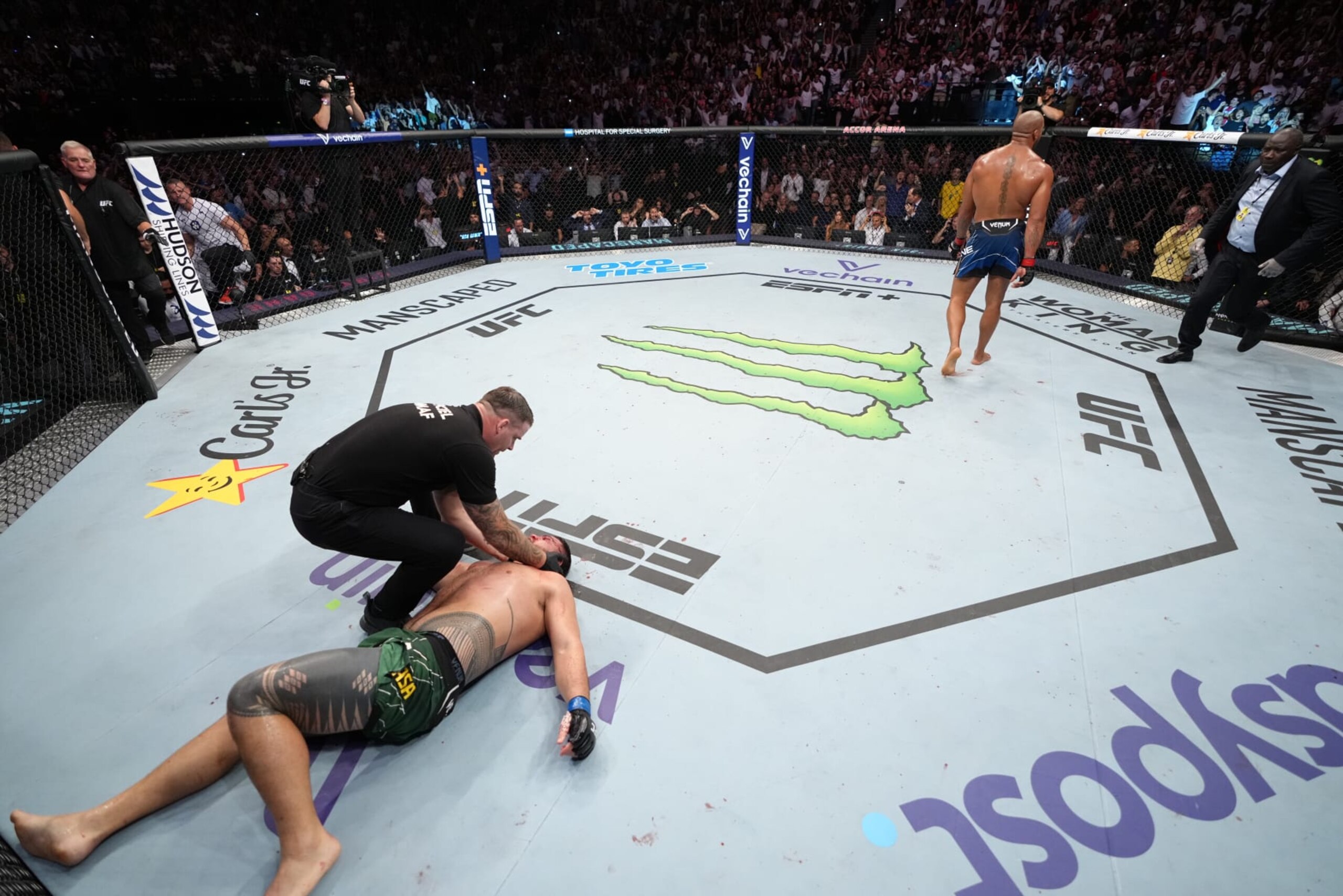 PARIS, FRANCE - SEPTEMBER 03: (R-L) Ciryl Gane of France celebrates his KO victory over Tai Tuivasa of Australia in a heavyweight fight during the UFC Fight Night event at The Accor Arena on September 03, 2022 in Paris, France. (Photo by Jeff Bottari/Zuffa LLC)