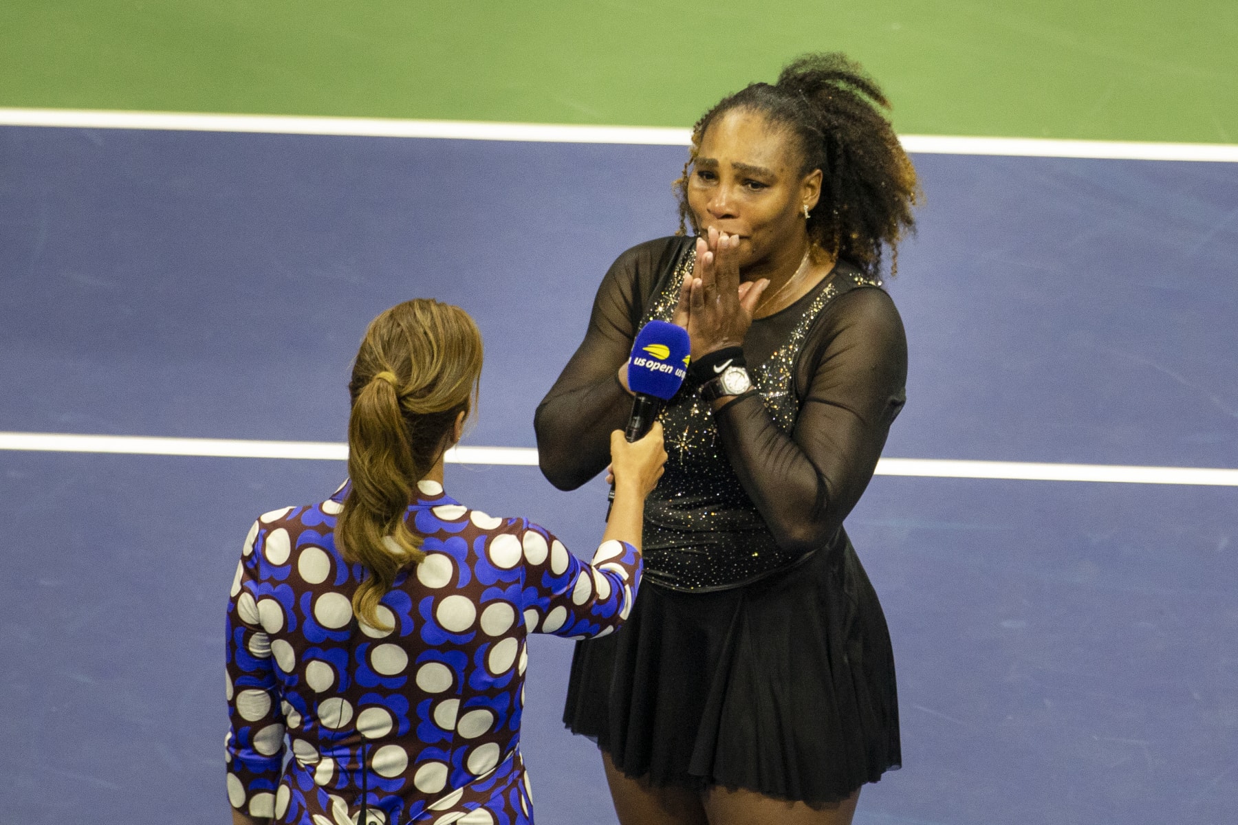 NEW YORK, USA, September 02:    Serena Williams of the United States in tears during her on-court interview after her loss against Ajla Tomljanovic of Australia on Arthur Ashe Stadium in the Women's Singles third round match during the US Open Tennis Championship 2022 at the USTA National Tennis Centre on September 2nd 2022 in Flushing, Queens, New York City.  (Photo by Tim Clayton/Corbis via Getty Images)
