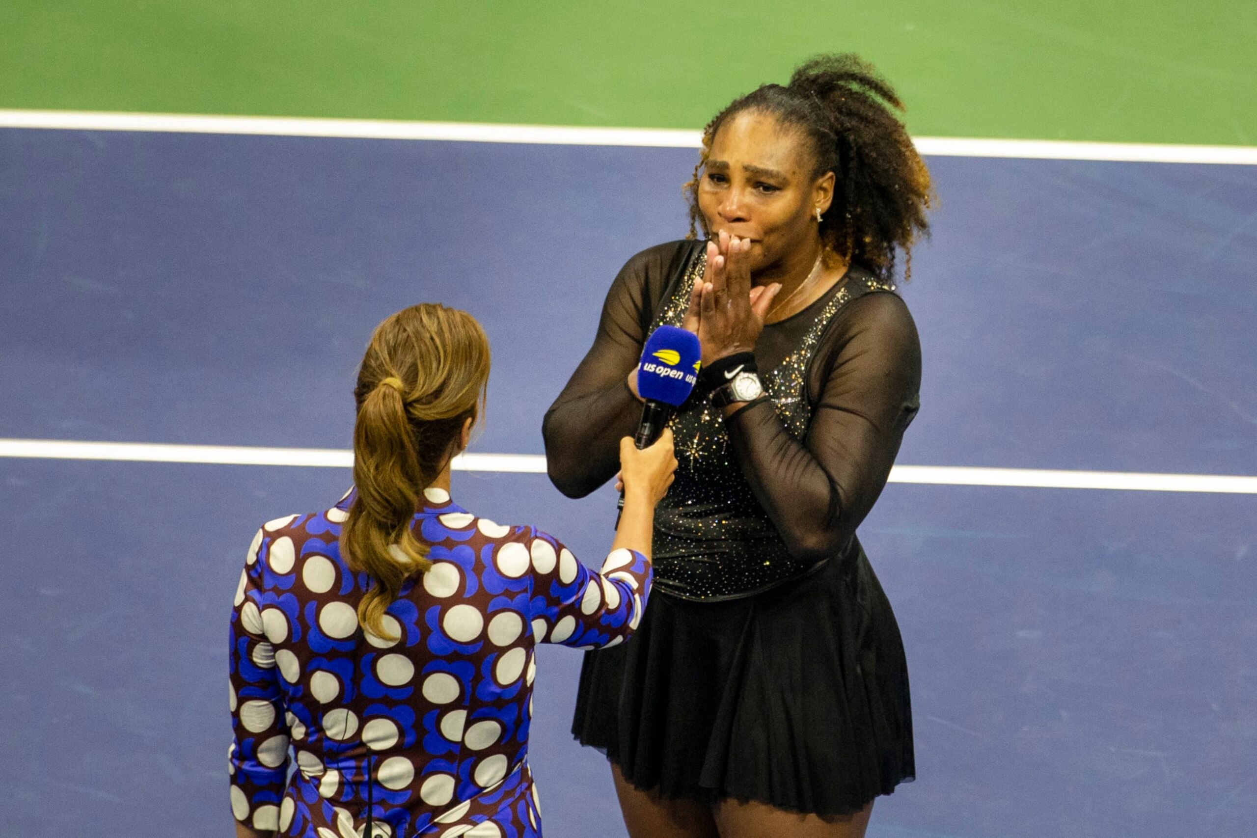 NEW YORK, USA, September 02: Serena Williams of the United States in tears during her on-court interview after her loss against Ajla Tomljanovic of Australia on Arthur Ashe Stadium in the Women's Singles third round match during the US Open Tennis Championship 2022 at the USTA National Tennis Centre on September 2nd 2022 in Flushing, Queens, New York City. (Photo by Tim Clayton/Corbis via Getty Images) NEW YORK, USA, September 02: Serena Williams of the United States in tears during her on-court interview after her loss against Ajla Tomljanovic of Australia on Arthur Ashe Stadium in the Women's Singles third round match during the US Open Tennis Championship 2022 at the USTA National Tennis Centre on September 2nd 2022 in Flushing, Queens, New York City. (Photo by Tim Clayton/Corbis via Getty Images)