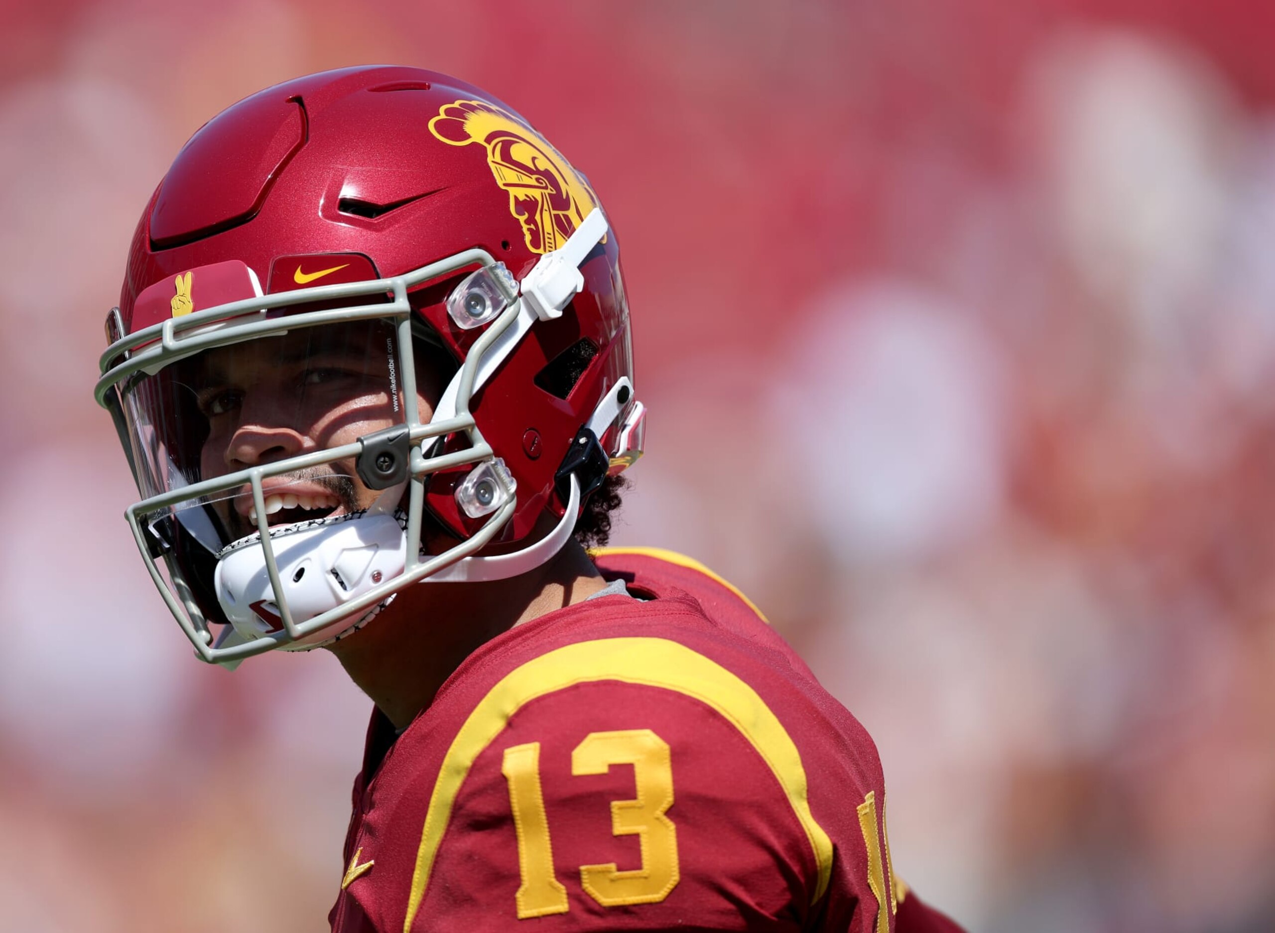 LOS ANGELES, CALIFORNIA - SEPTEMBER 03: Caleb Williams #13 of the USC Trojans during warm up before the game against the Rice Owls at United Airlines Field at the Los Angeles Memorial Coliseum on September 03, 2022 in Los Angeles, California. (Photo by Harry How/Getty Images)