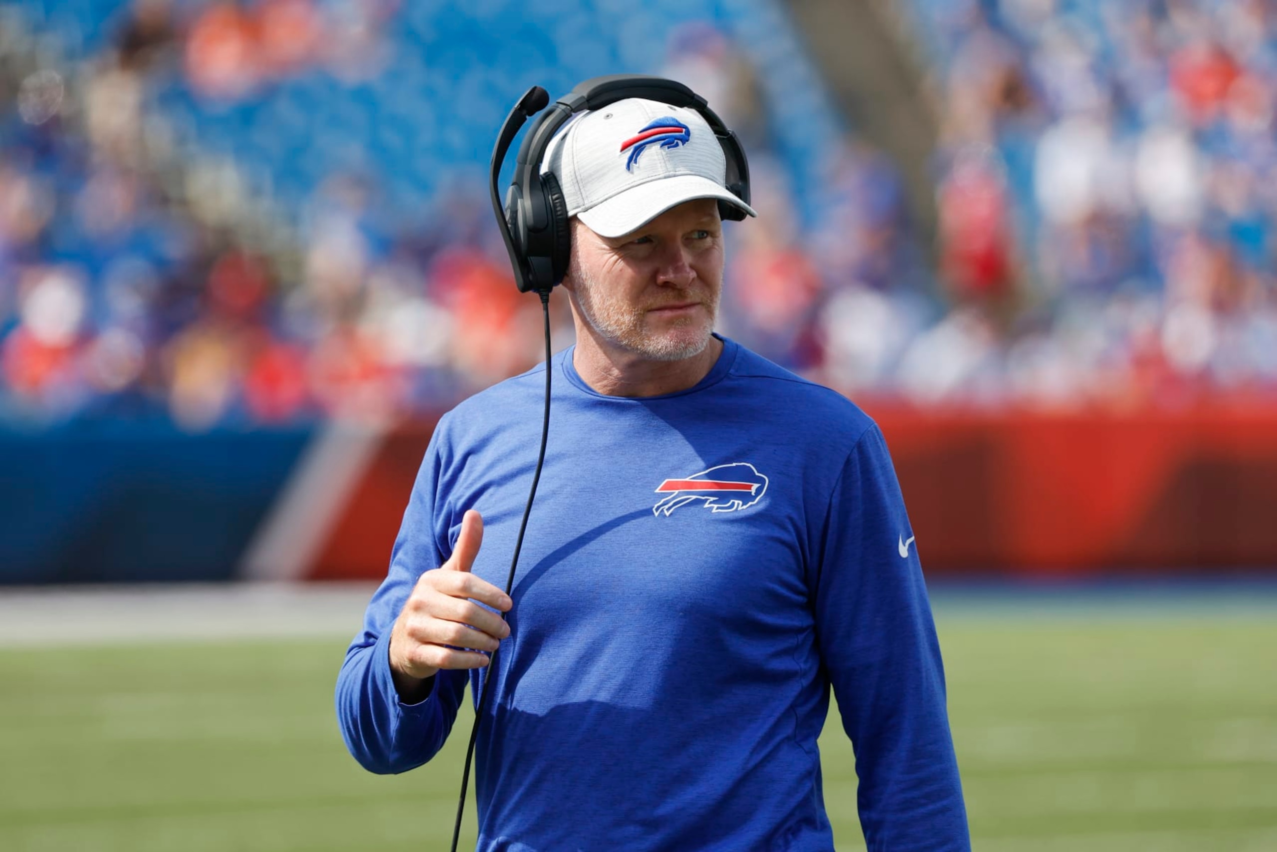 Buffalo Bills head coach Sean McDermott gives a thumbs-up during the second half of a preseason NFL football game against the Denver Broncos, Saturday, Aug. 20, 2022, in Orchard Park, N.Y. (AP Photo/Jeffrey T. Barnes)