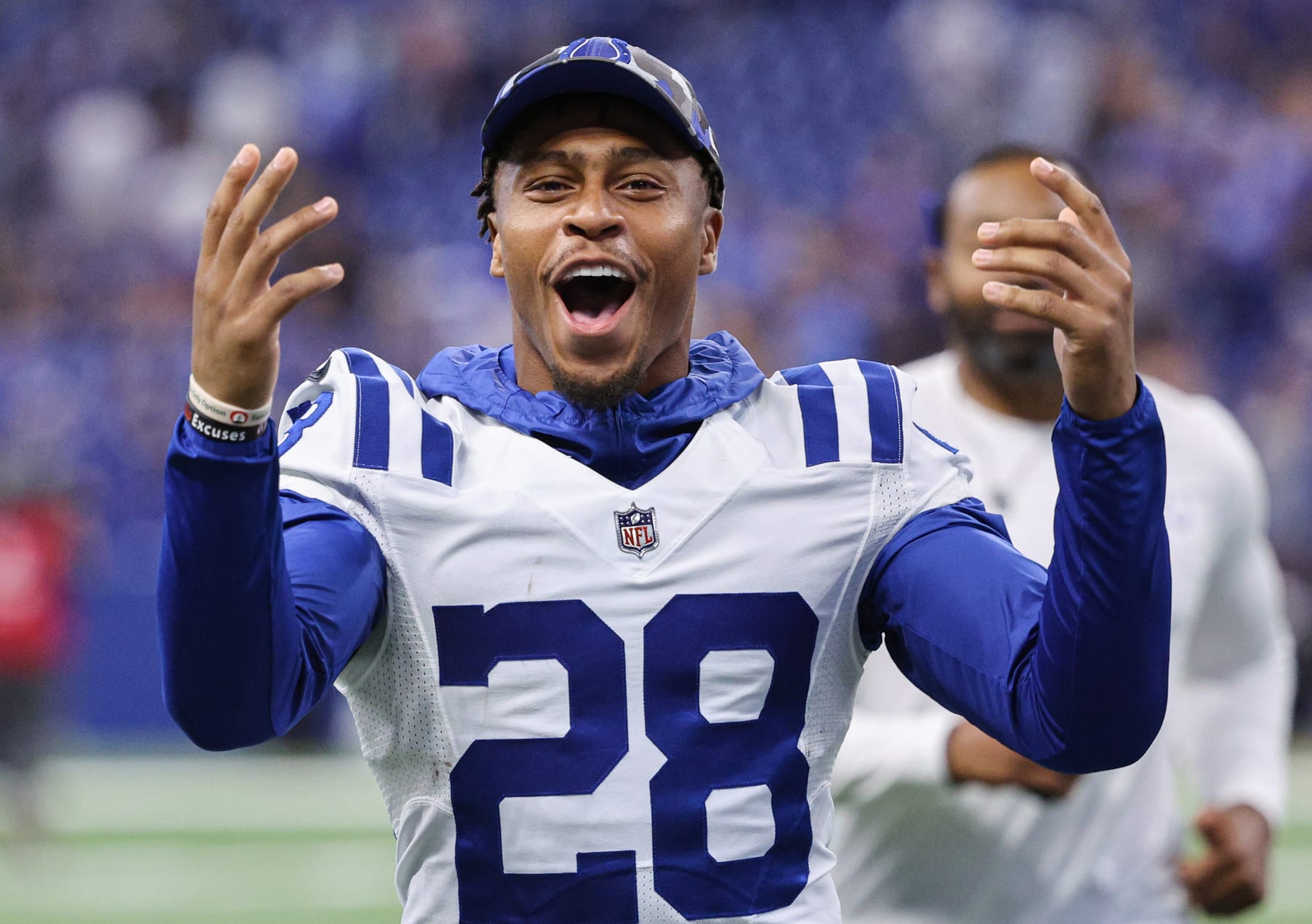INDIANAPOLIS, IN - AUGUST 20: Jonathan Taylor #28 of Indianapolis Colts seen following the game against the Detroit Lions at Lucas Oil Stadium on August 20, 2022 in Indianapolis, Indiana. (Photo by Michael Hickey/Getty Images)