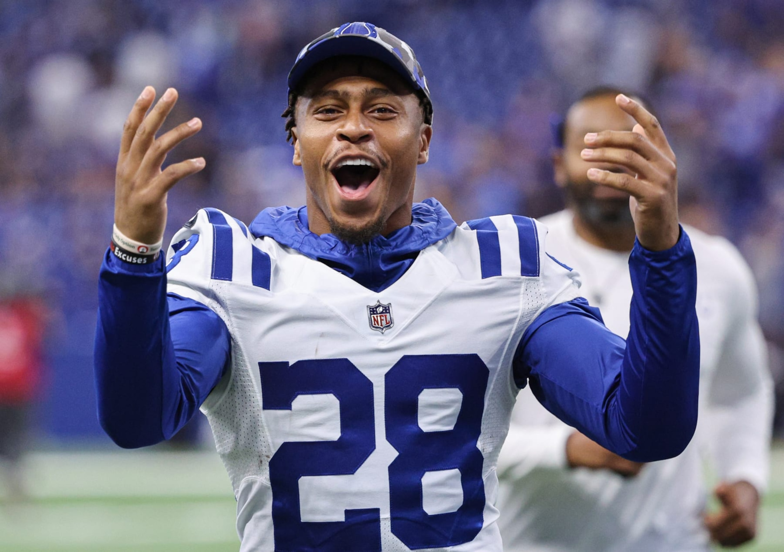 INDIANAPOLIS, IN - AUGUST 20: Jonathan Taylor #28 of Indianapolis Colts seen following the game against the Detroit Lions at Lucas Oil Stadium on August 20, 2022 in Indianapolis, Indiana. (Photo by Michael Hickey/Getty Images)