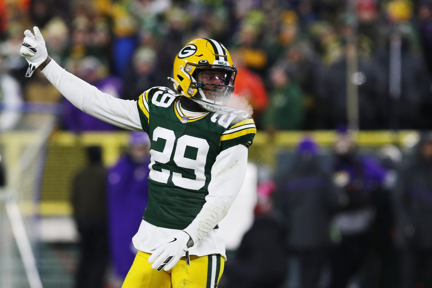 GREEN BAY, WI - JANUARY 02: Green Bay Packers cornerback Rasul Douglas (29) calls for help during a game between the Green Bay Packers and the Minnesota Vikings at Lambeau Field on January 2, 2022 in Green Bay, WI. (Photo by Larry Radloff/Icon Sportswire via Getty Images)