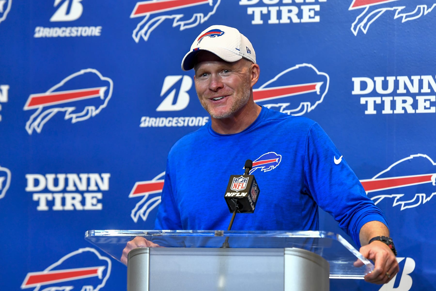 Buffalo Bills head coach Sean McDermott talks with reporters after a 27-23 win over the Minnesota Vikings in an NFL preseason football game in Orchard Park, N.Y., Thursday, Aug. 29, 2019. (AP Photo/Adrian Kraus)