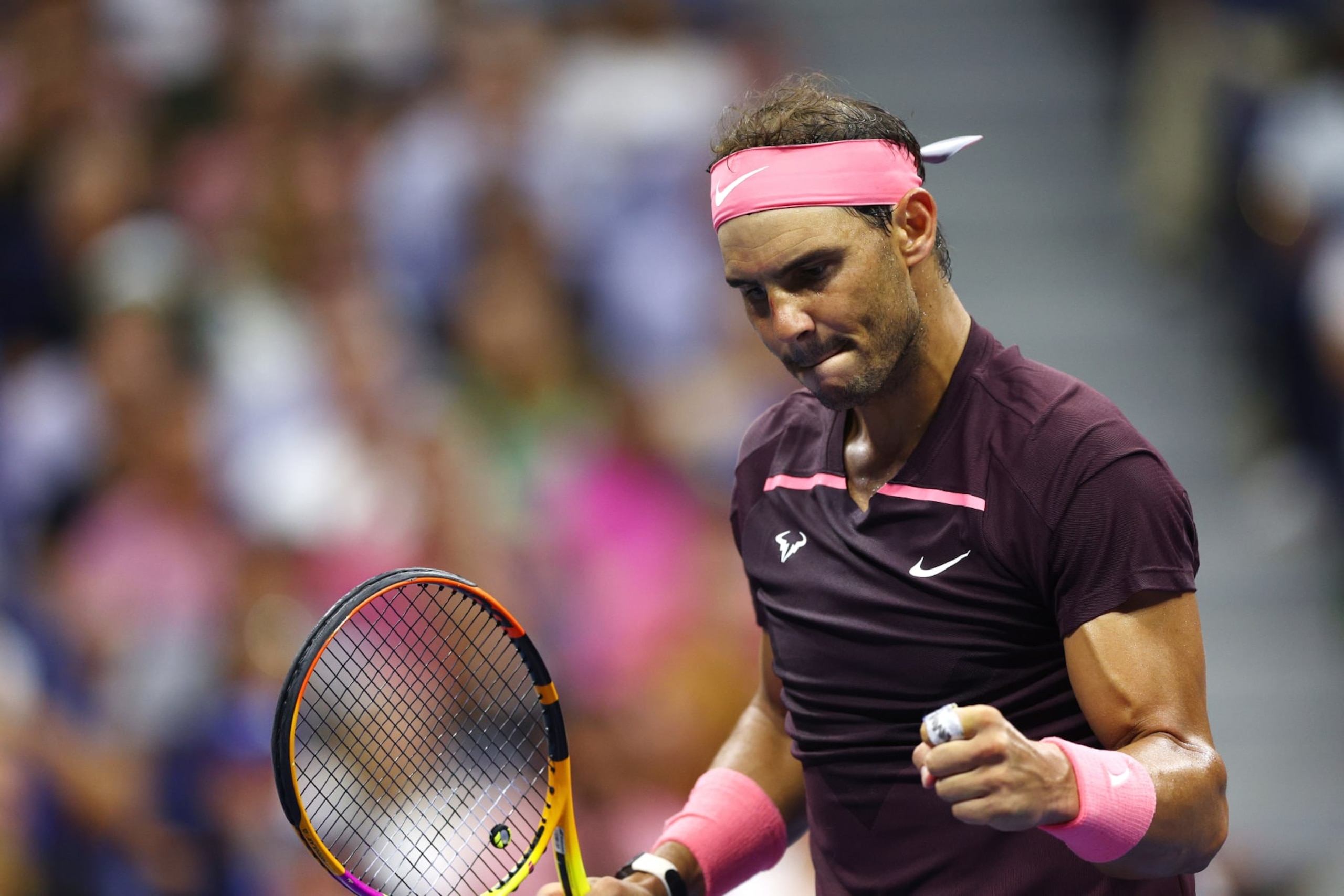 NEW YORK, NEW YORK - SEPTEMBER 03: Rafael Nadal of Spain reacts against Richard Gasquet of France during their Men's Singles Third Round match on Day Six of the 2022 US Open at USTA Billie Jean King National Tennis Center on September 03, 2022 in the Flushing neighborhood of the Queens borough of New York City. (Photo by Elsa/Getty Images)