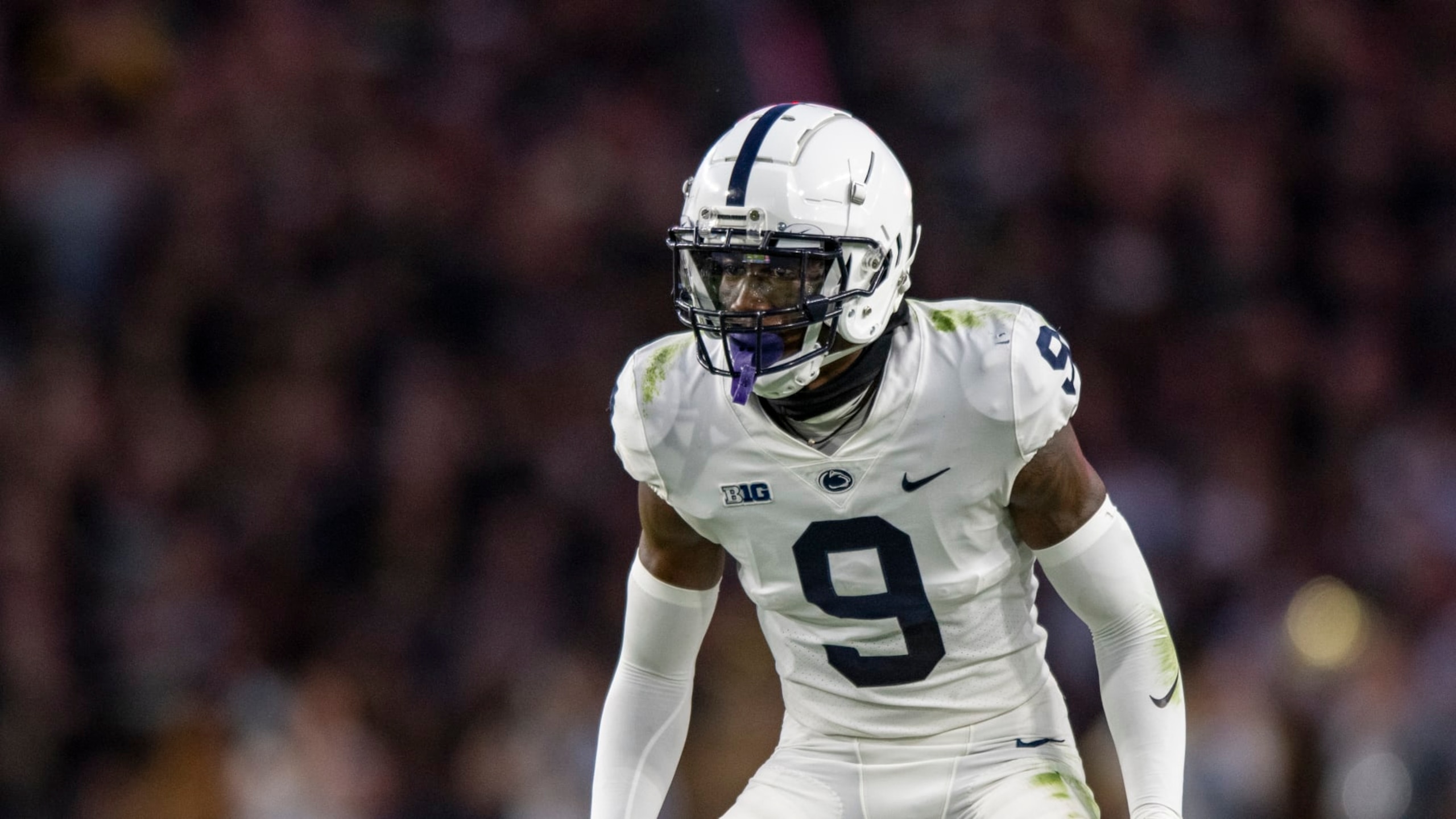 Penn State cornerback Joey Porter Jr. (9) during an NCAA football game on Thursday, Sept. 1, 2022, in West Lafayette, Ind. (AP Photo/Doug McSchooler)