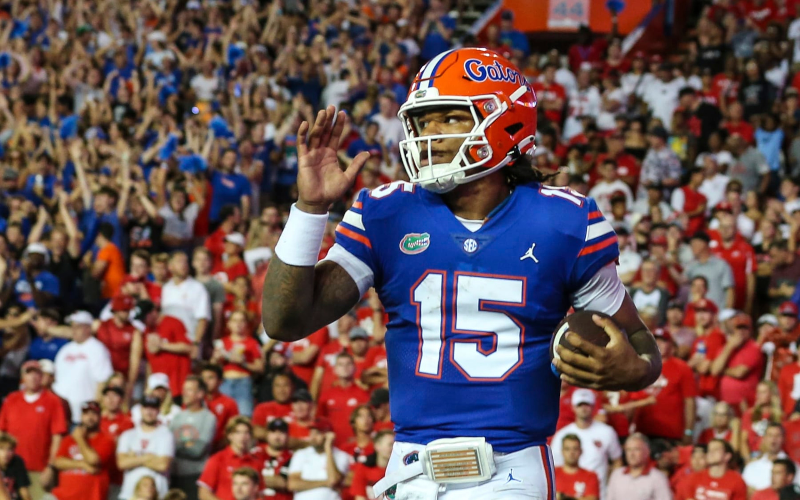 Florida quarterback Anthony Richardson (15) after running in a touchdown during the second quarter of an NCAA football game against Utah on Saturday, Sept. 3, 2022 in Gainesville, Fla. (AP Photo/Gary McCullough)