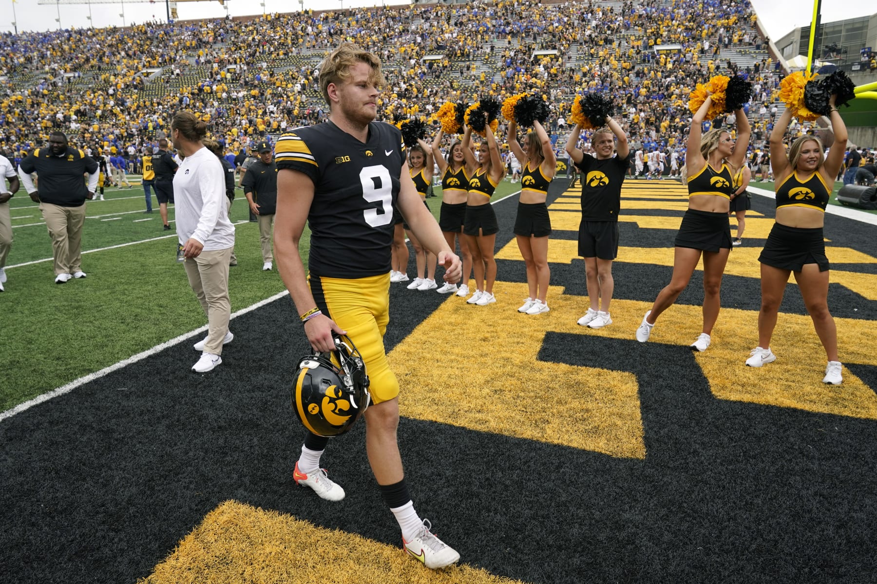 Iowa punter Tory Taylor (9) walks off the field after an NCAA college football game against South Dakota State, Saturday, Sept. 3, 2022, in Iowa City, Iowa. Iowa won 7-3. (AP Photo/Charlie Neibergall)