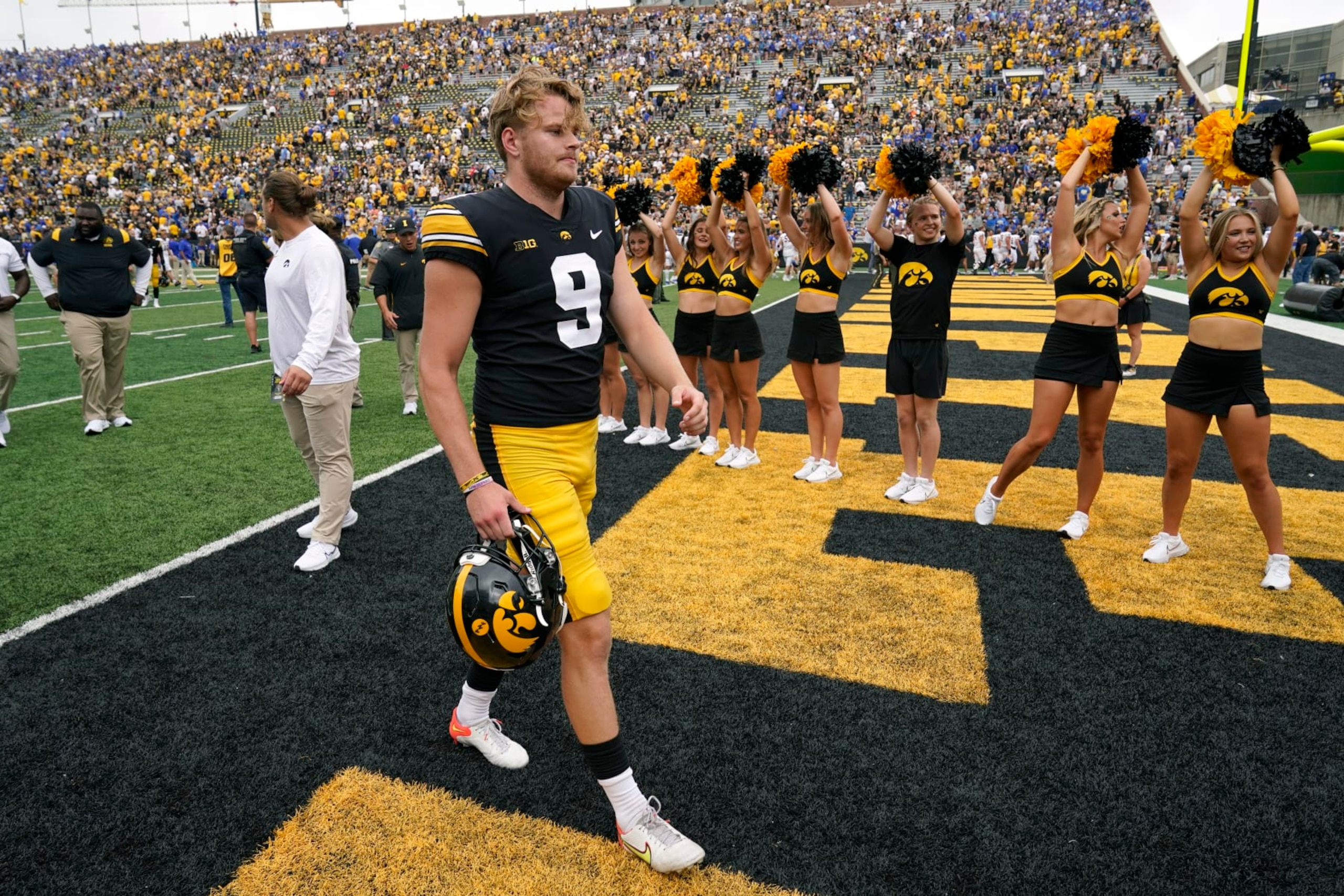 Iowa punter Tory Taylor (9) walks off the field after an NCAA college football game against South Dakota State, Saturday, Sept. 3, 2022, in Iowa City, Iowa. Iowa won 7-3. (AP Photo/Charlie Neibergall)