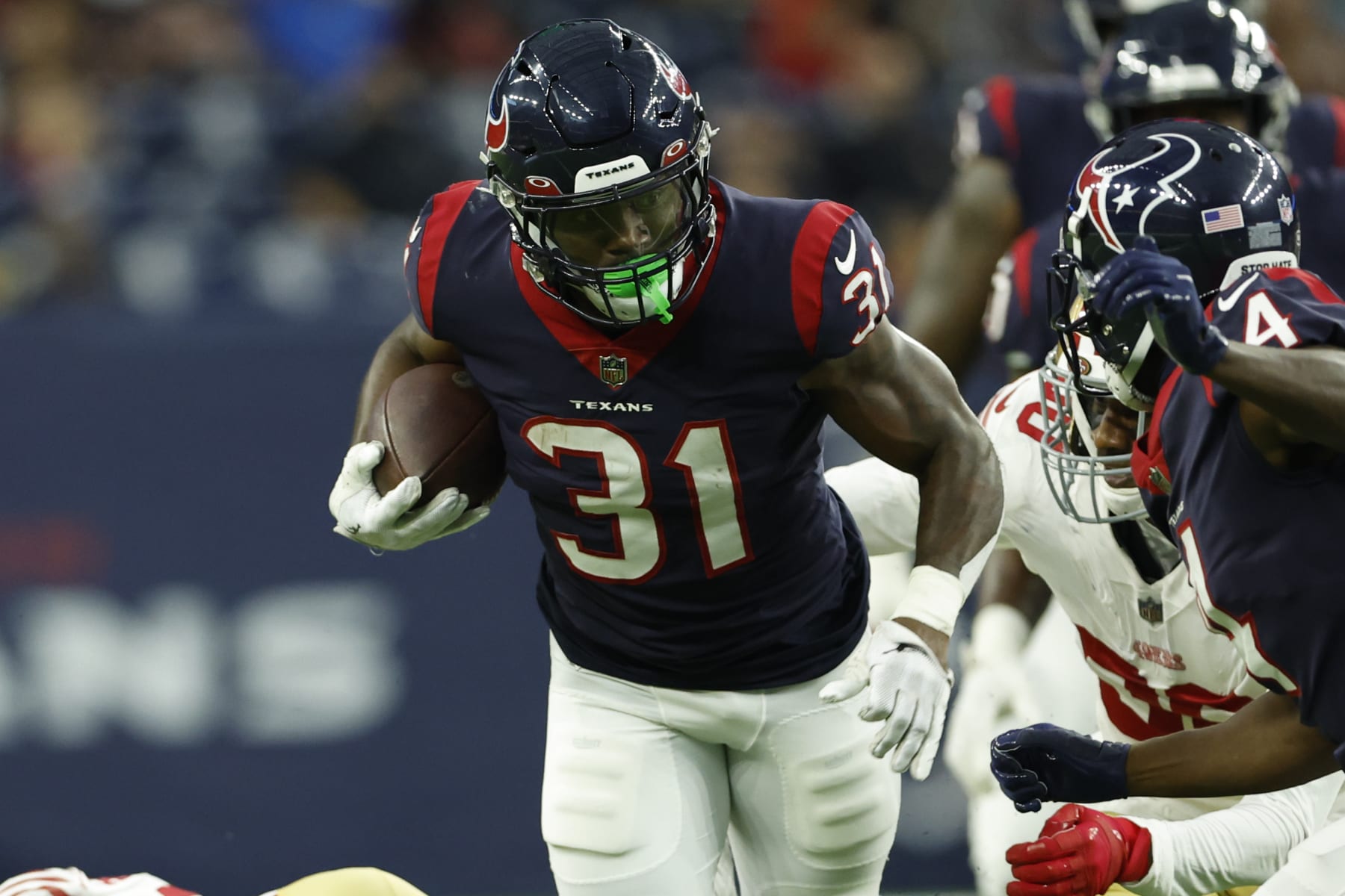 Houston Texans running back Dameon Pierce (31) carries the ball during an NFL preseason game against the San Francisco 49ers on Thursday, August 25, 2022, in Houston. (AP Photo/Matt Patterson) Houston Texans running back Dameon Pierce (31) carries the ball during an NFL preseason game against the San Francisco 49ers on Thursday, August 25, 2022, in Houston. (AP Photo/Matt Patterson)