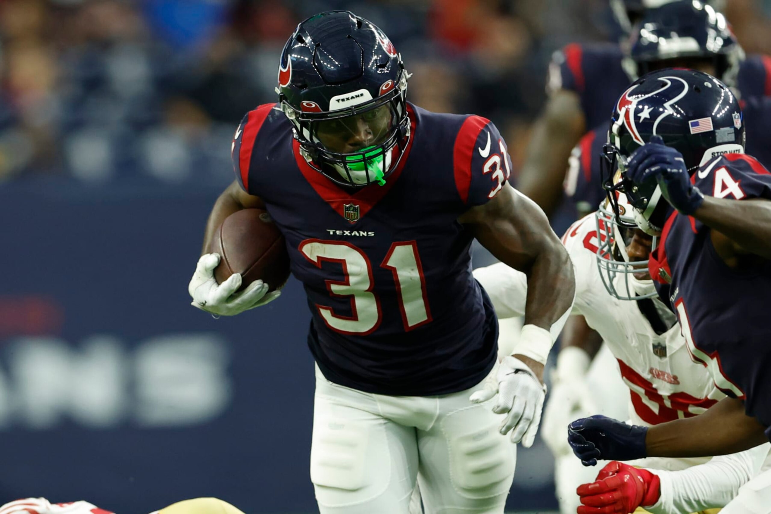 Houston Texans running back Dameon Pierce (31) carries the ball during an NFL preseason game against the San Francisco 49ers on Thursday, August 25, 2022, in Houston. (AP Photo/Matt Patterson)