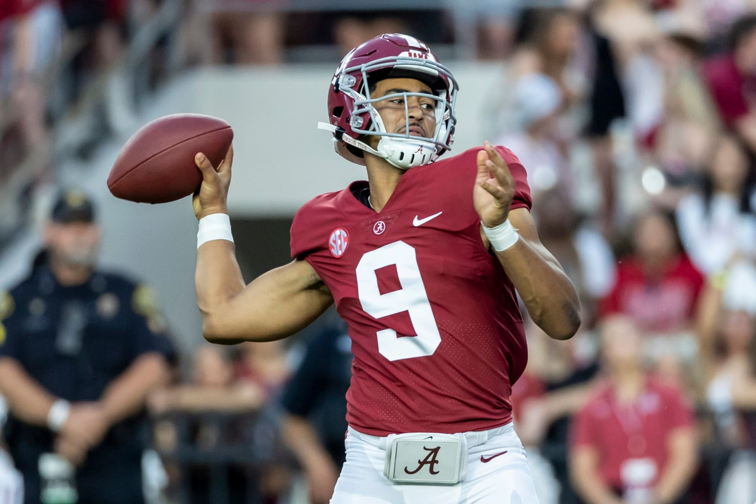 Alabama quarterback Bryce Young throws a pass during the first half of the team's NCAA college football game against Utah State, Saturday, Sept. 3, 2022, in Tuscaloosa, Ala. (AP Photo/Vasha Hunt)