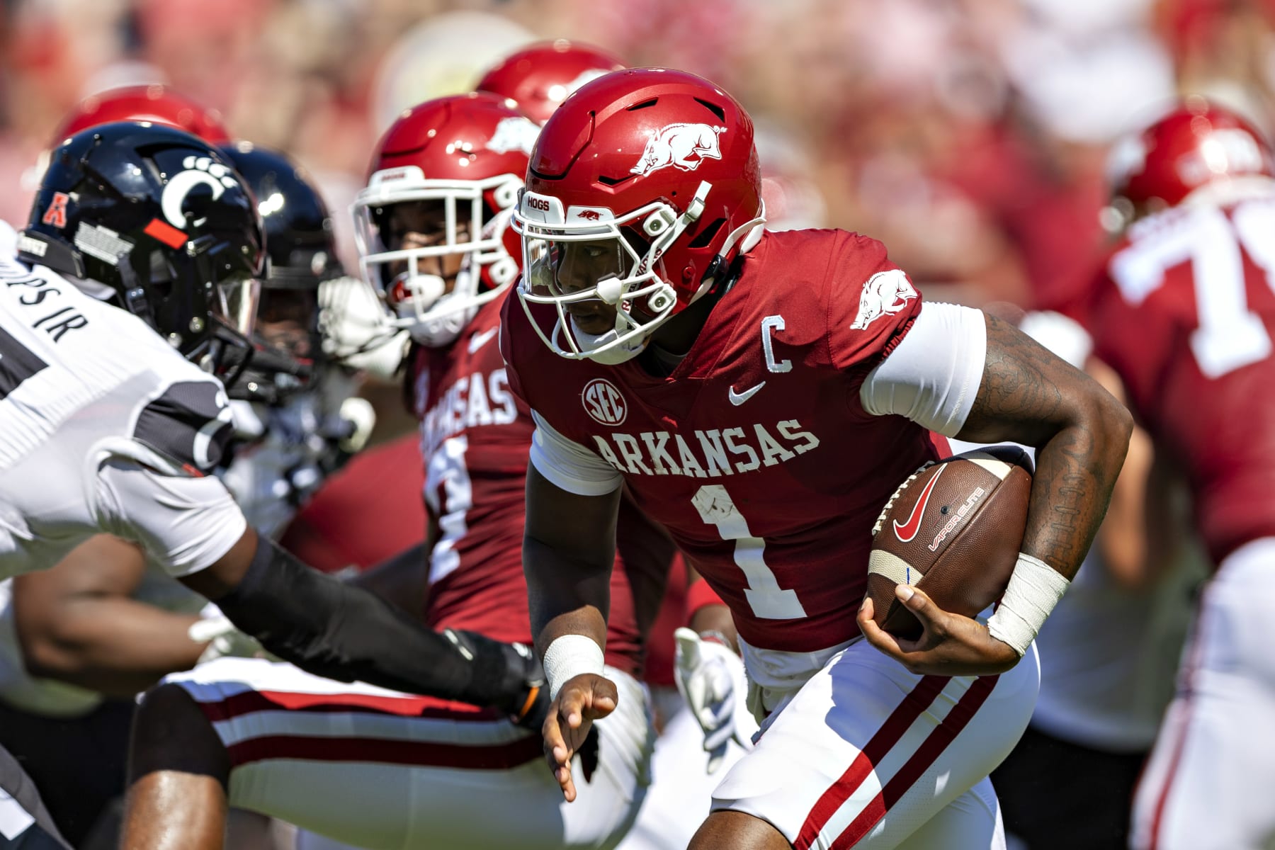 FAYETTEVILLE, ARKANSAS - SEPTEMBER 03: K.J. Jefferson #1 of the Arkansas Razorbacks runs the ball in the second quarter of a game against the Cincinnati Bearcats at Donald W. Reynolds Razorback Stadium on September 03, 2022 in Fayetteville, Arkansas. (Photo by Wesley Hitt/Getty Images)