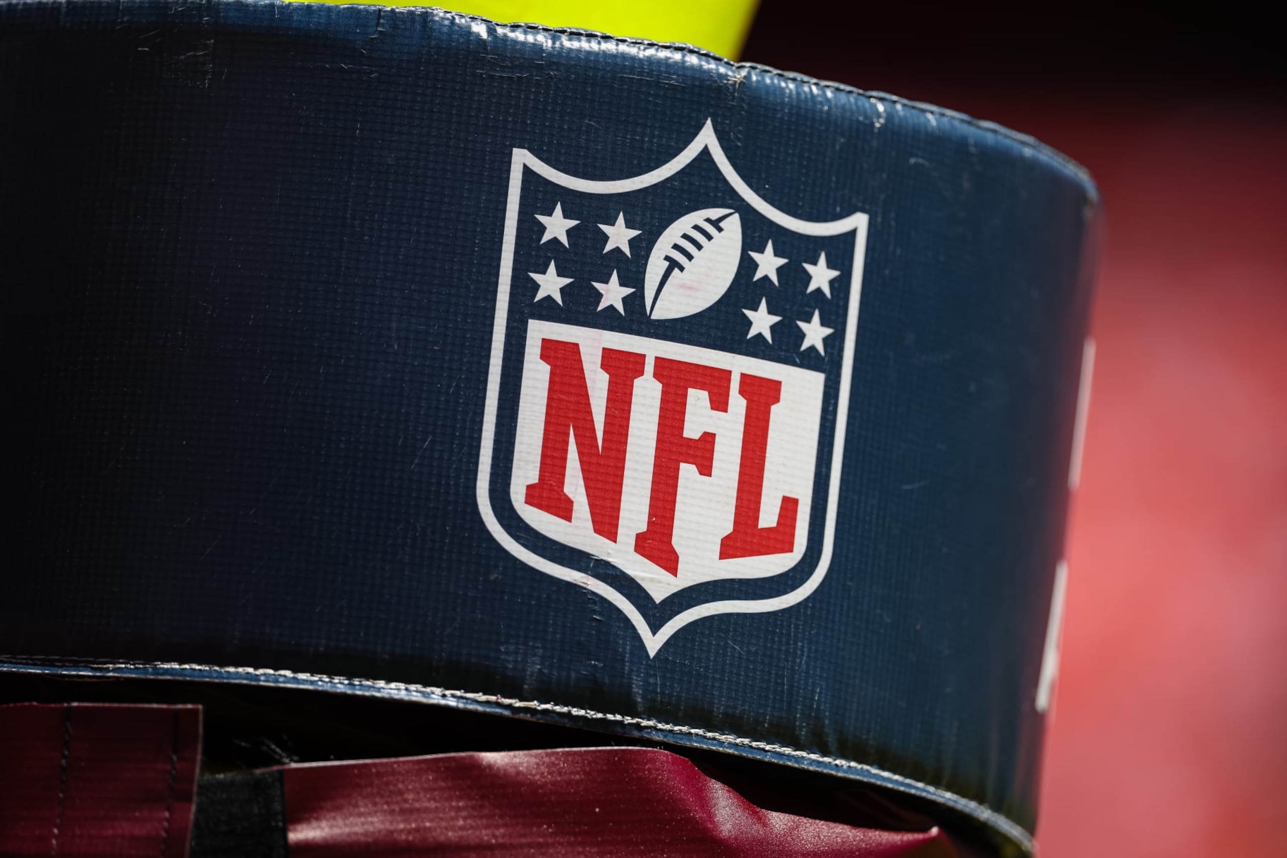 LANDOVER, MD - AUGUST 13: A view of the NFL logo on the field goal post padding before the preseason game between the Washington Commanders and the Carolina Panthers at FedExField on August 13, 2022 in Landover, Maryland. (Photo by Scott Taetsch/Getty Images)