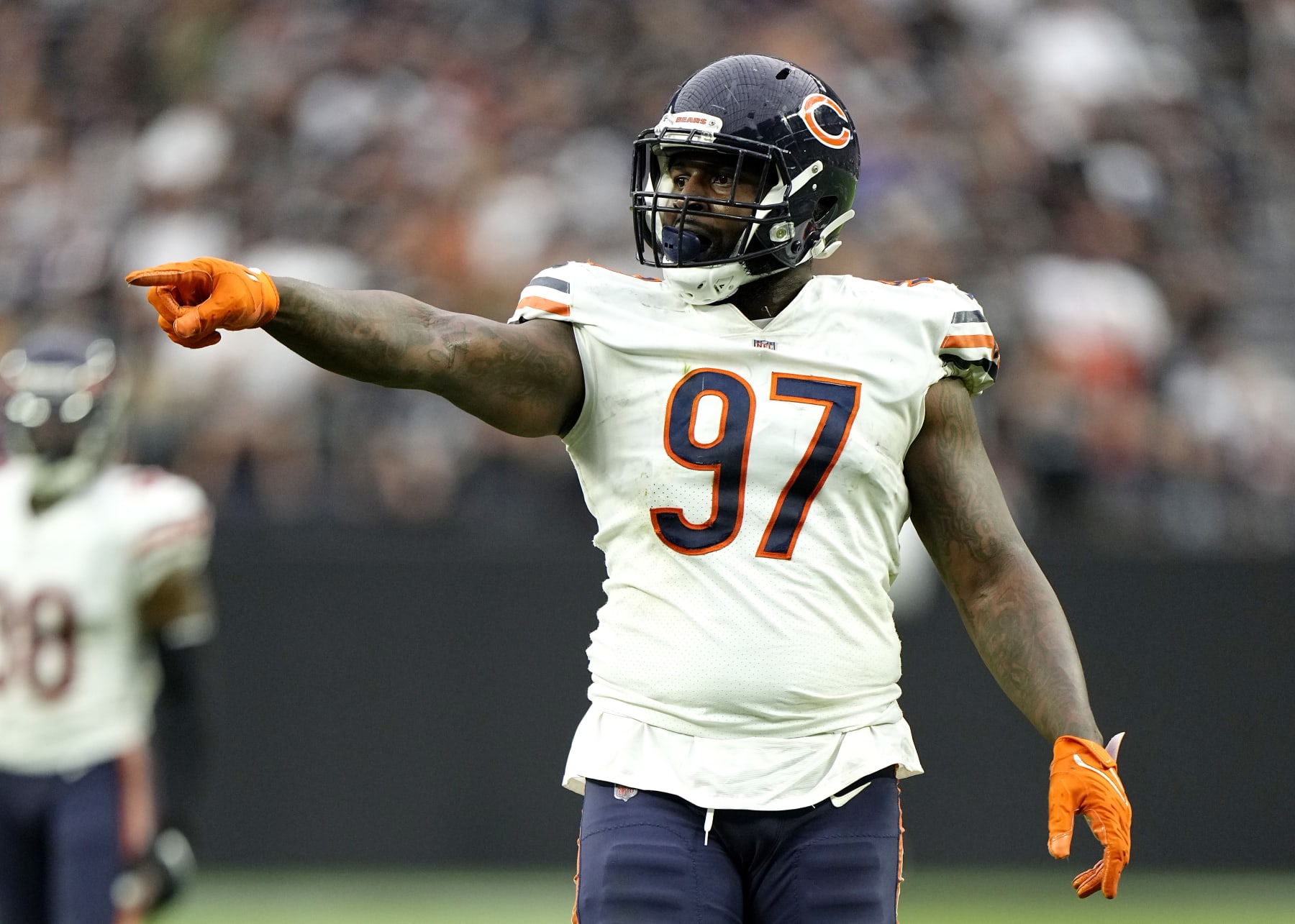 LAS VEGAS, NEVADA - OCTOBER 10: Mario Edwards #97 of the Chicago Bears reacts during the first half against the Las Vegas Raiders at Allegiant Stadium on October 10, 2021 in Las Vegas, Nevada. (Photo by Jeff Bottari/Getty Images)