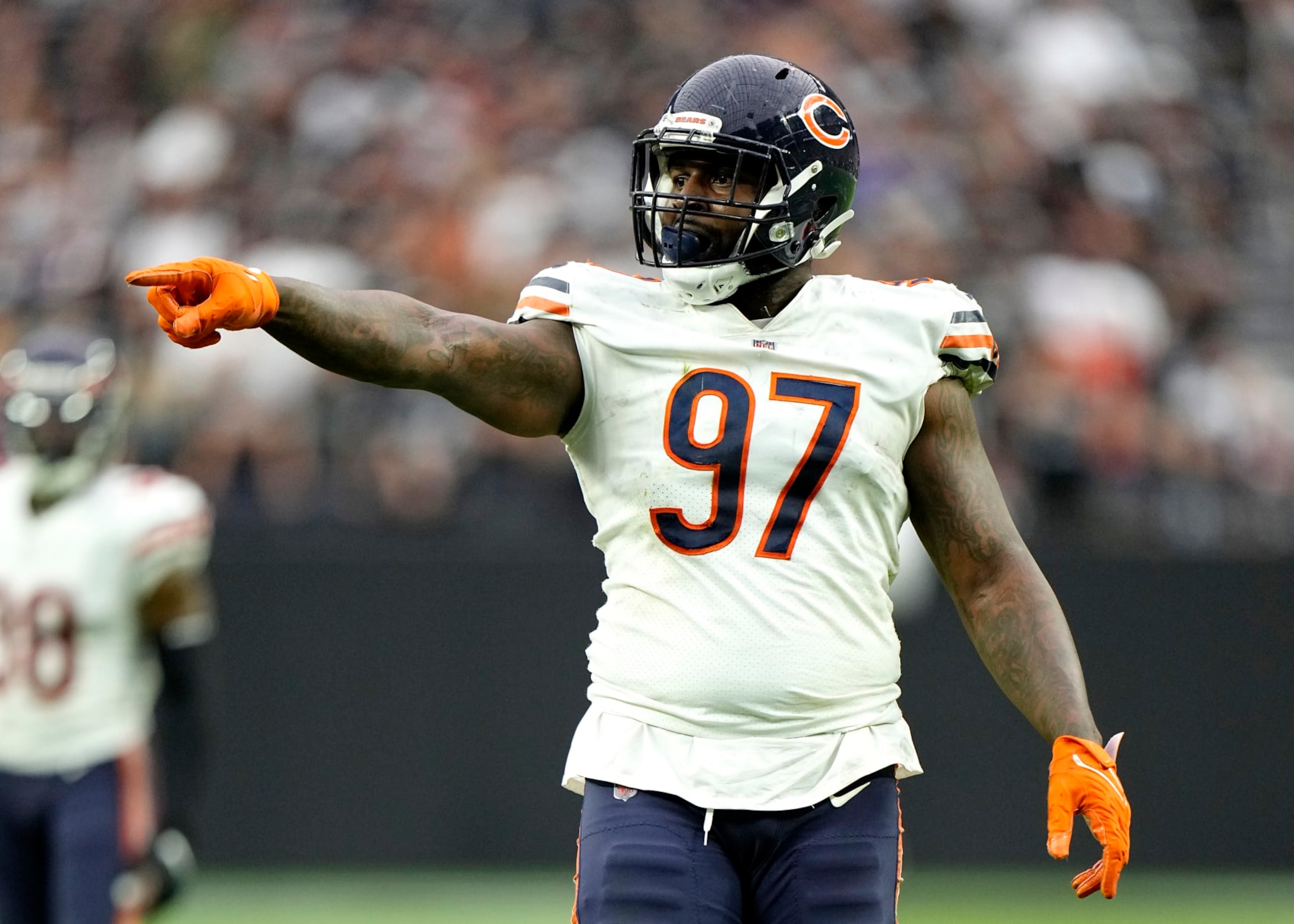 LAS VEGAS, NEVADA - OCTOBER 10: Mario Edwards #97 of the Chicago Bears reacts during the first half against the Las Vegas Raiders at Allegiant Stadium on October 10, 2021 in Las Vegas, Nevada. (Photo by Jeff Bottari/Getty Images)