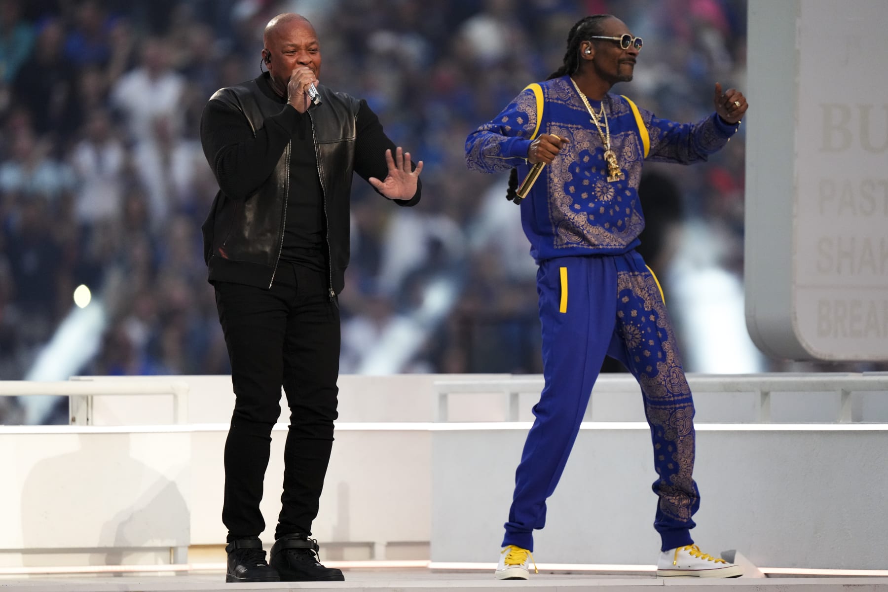 INGLEWOOD, CALIFORNIA - FEBRUARY 13: Dr. Dre performs in the Pepsi Halftime Show during the NFL Super Bowl LVI football game between the Cincinnati Bengals and the Los Angeles Rams at SoFi Stadium on February 13, 2022 in Inglewood, California. (Photo by Cooper Neill/Getty Images)