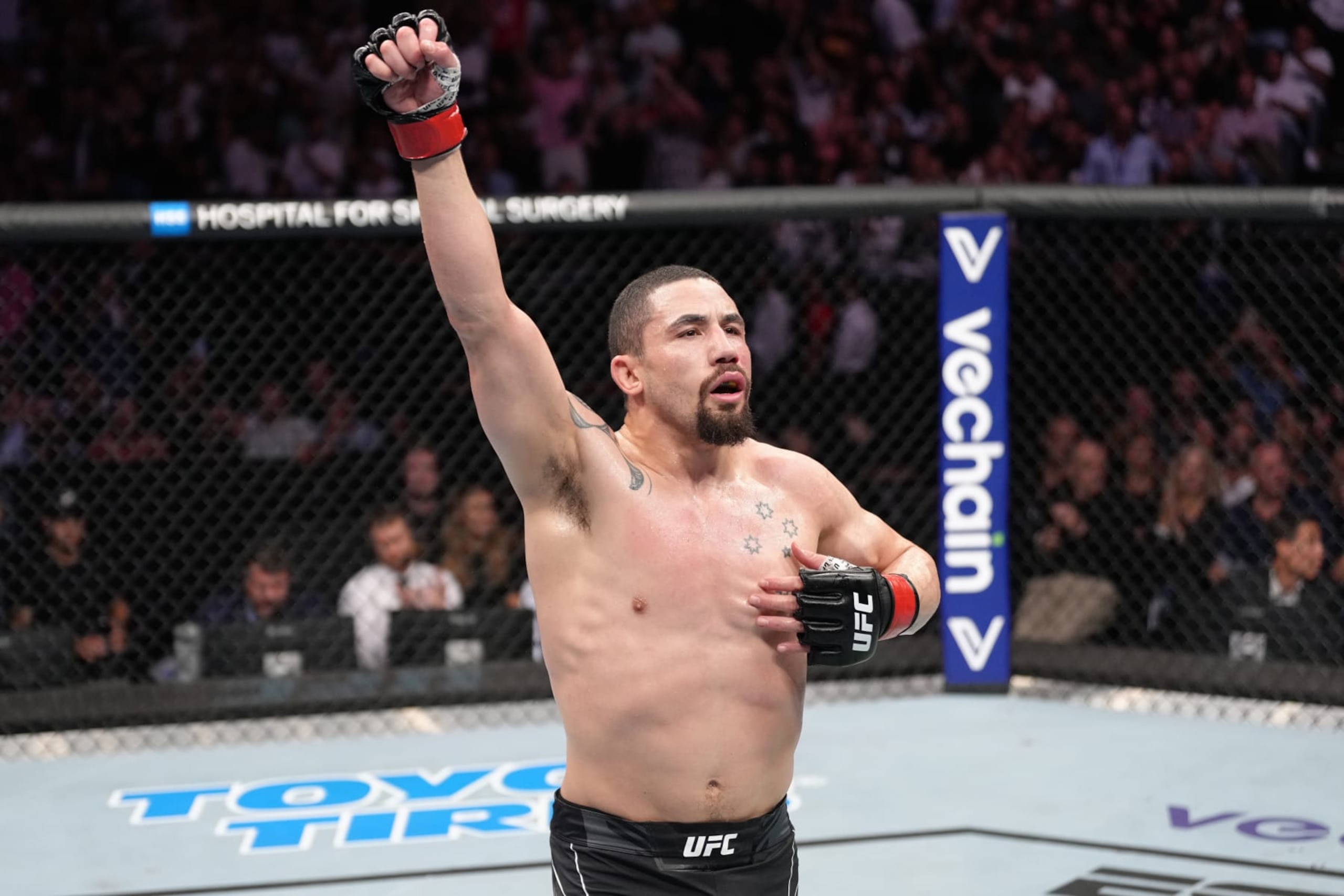 PARIS, FRANCE - SEPTEMBER 03:  Robert Whittaker of New Zealand reacts after his middleweight fight against Marvin Vettori of Italy during the UFC Fight Night event at The Accor Arena on September 03, 2022 in Paris, France. (Photo by Jeff Bottari/Zuffa LLC)