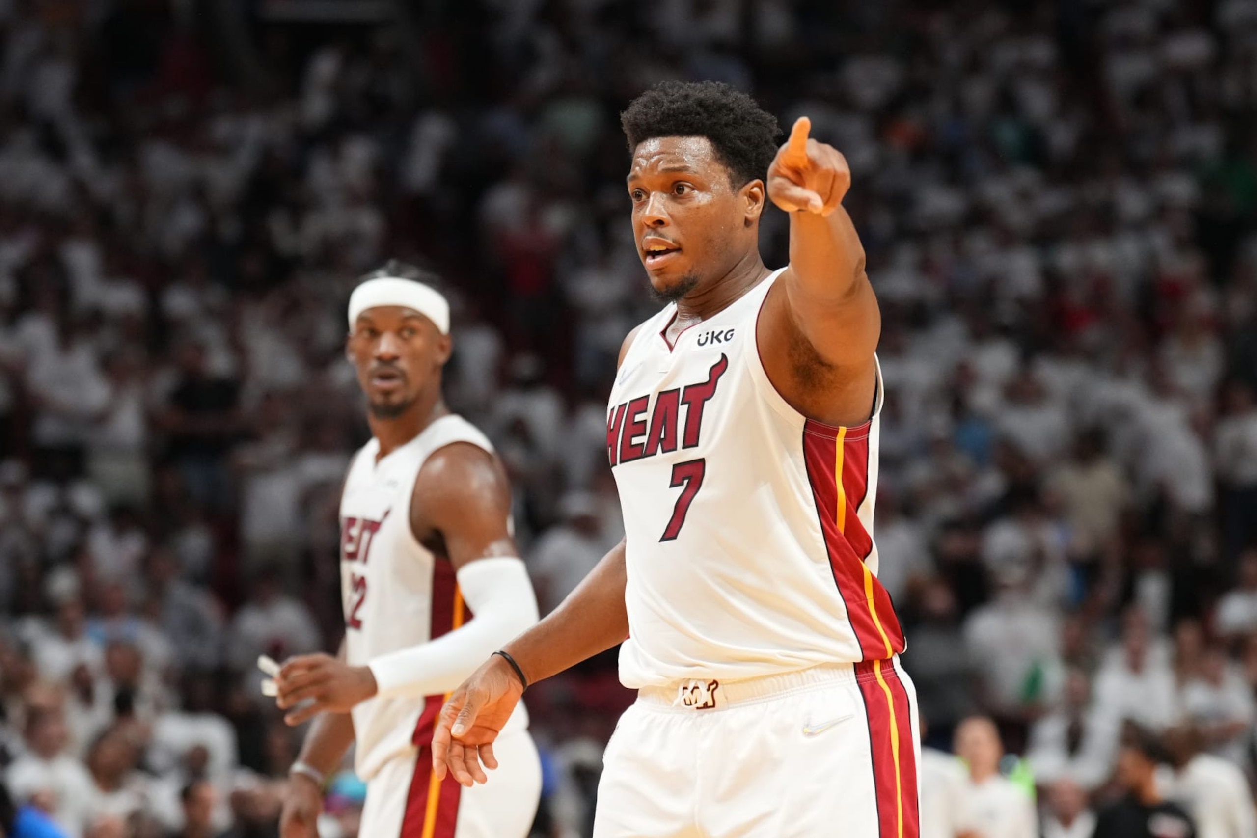 MIAMI, FL - MAY 29: Kyle Lowry #7 of the Miami Heat looks on during Game 7 of the 2022 NBA Playoffs Eastern Conference Finals on May 29, 2022 at FTX Arena in Miami, Florida. NOTE TO USER: User expressly acknowledges and agrees that, by downloading and or using this Photograph, user is consenting to the terms and conditions of the Getty Images License Agreement. Mandatory Copyright Notice: Copyright 2022 NBAE (Photo by Jesse D. Garrabrant/NBAE via Getty Images)