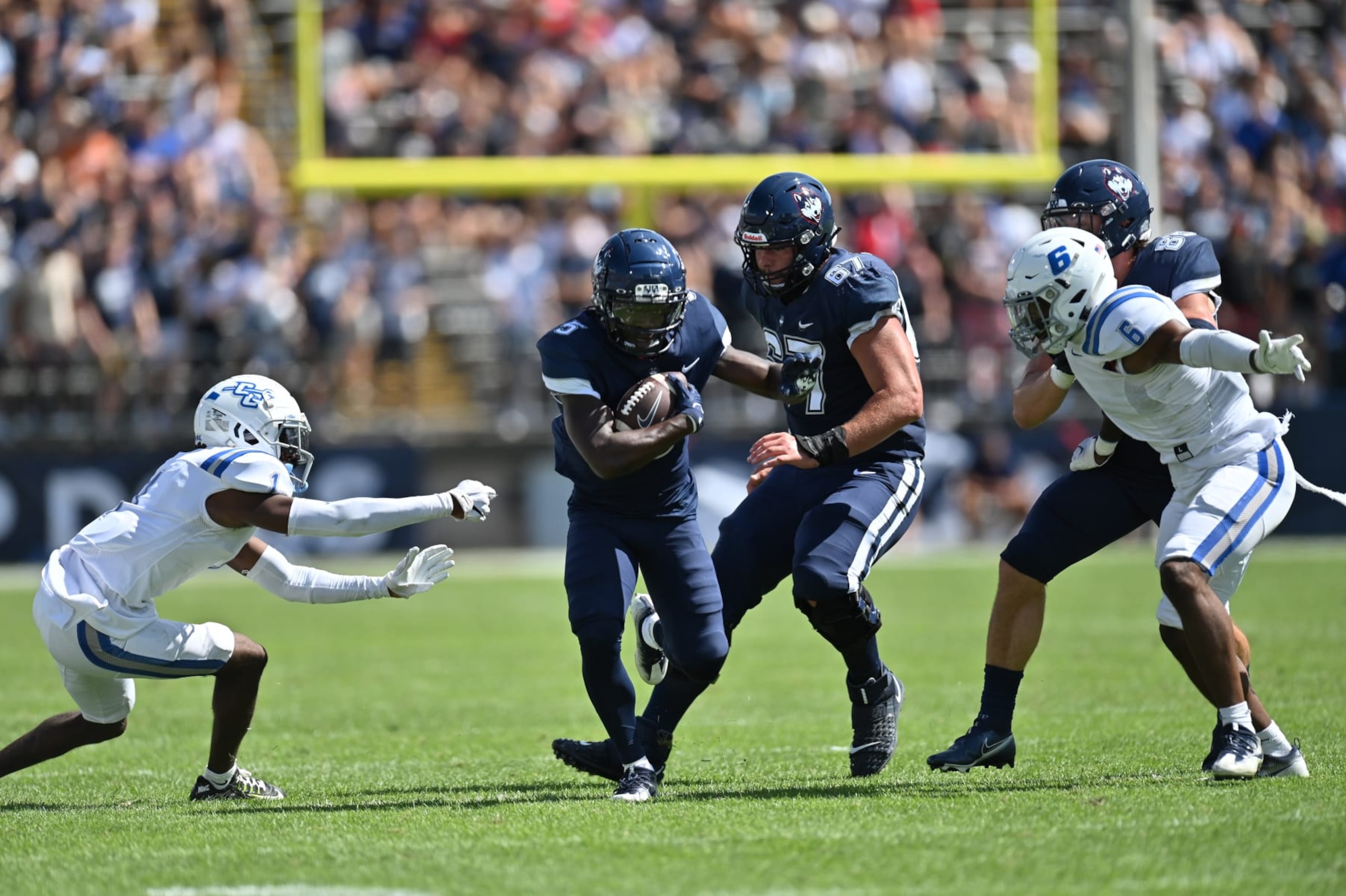 EAST HARTFORD, CT - SEPTEMBER 03: UConn Huskies wide receiver Aaron Turner (5) finds an opening in the Central Connecticut State Blue Devils defensive line during the game as the Central Connecticut State Blue Devils take on the UConn Huskies on September 03, 2022, at the Rentschler Field in East Hartford, Connecticut. (Photo by Williams Paul/Icon Sportswire via Getty Images)