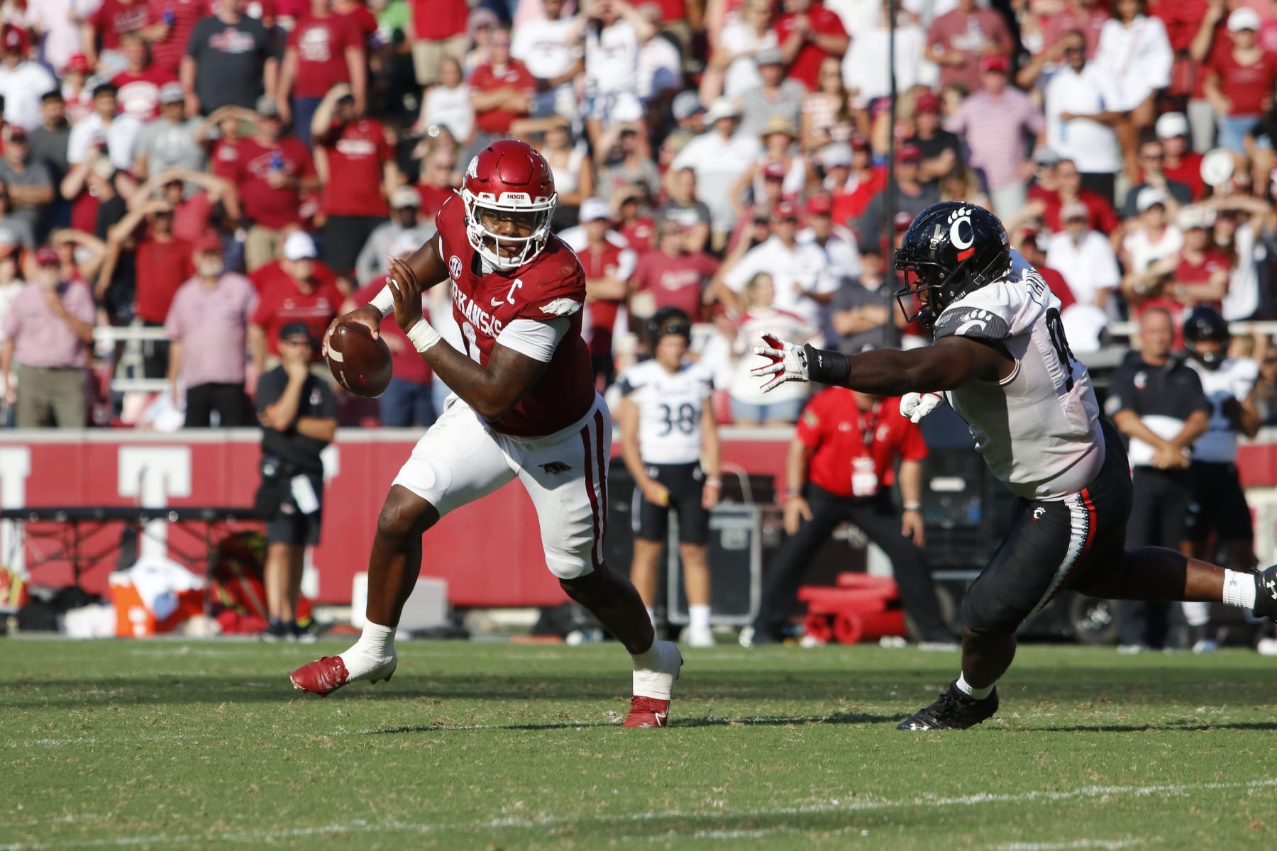 FAYETTEVILLE, AR - SEPTEMBER 03: Arkansas Razorbacks quarterback KJ Jefferson (1) scrambles past Cincinnati Bearcats defensive lineman Jabari Taylor (90) during the college football game between the Cincinnati Bearcats and Arkansas Razorbacks on September 3, 2022, at Donald W. Reynolds Razorback Stadium in Fayetteville, Arkansas.  (Photo by Andy Altenburger/Icon Sportswire via Getty Images)