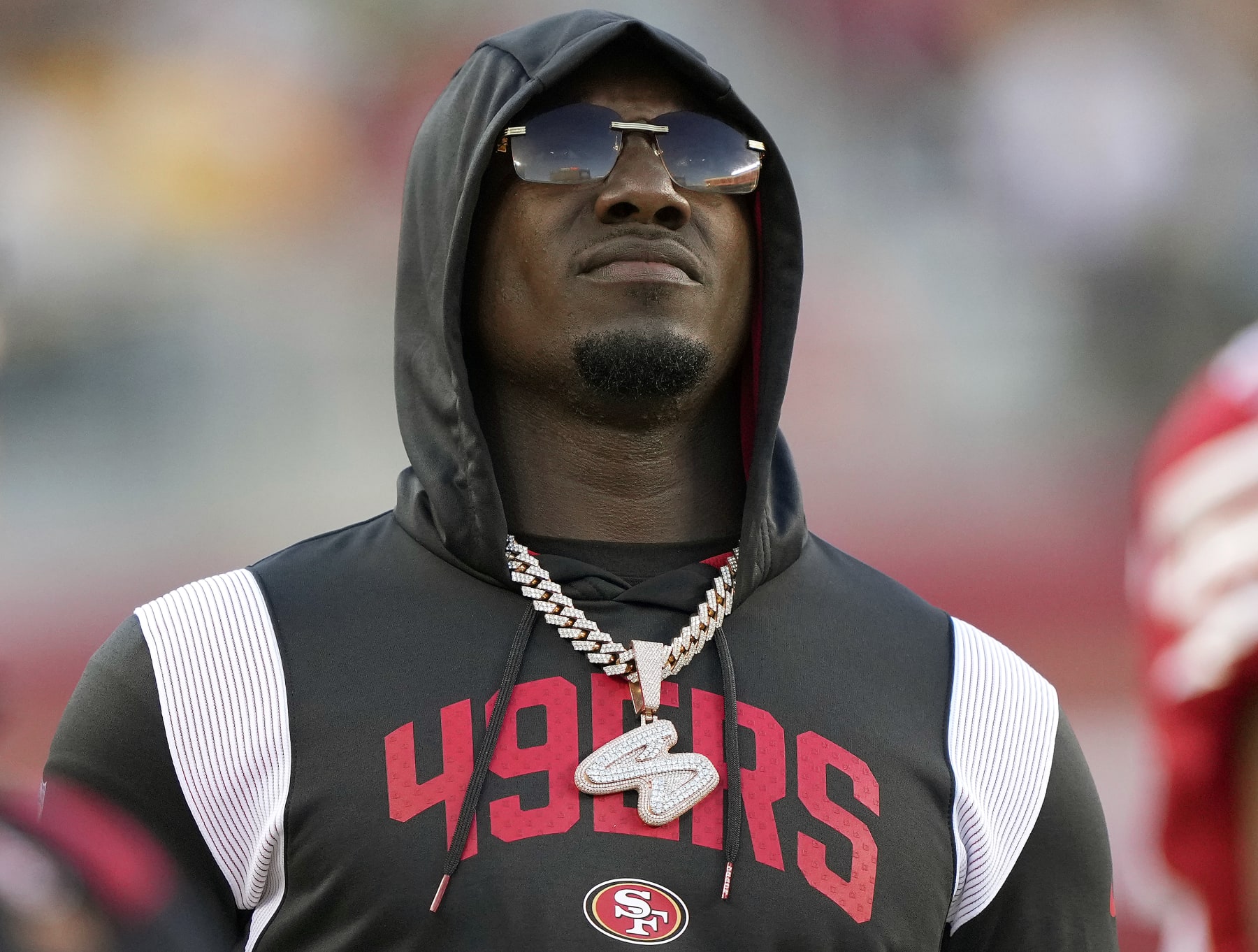 SANTA CLARA, CALIFORNIA - AUGUST 12: Deebo Samuel #19 of the San Francisco 49ers looks on from the sideline against the Green Bay Packers during the third quarter of an NFL preseason game at Levi's Stadium on August 12, 2022 in Santa Clara, California. (Photo by Thearon W. Henderson/Getty Images)
